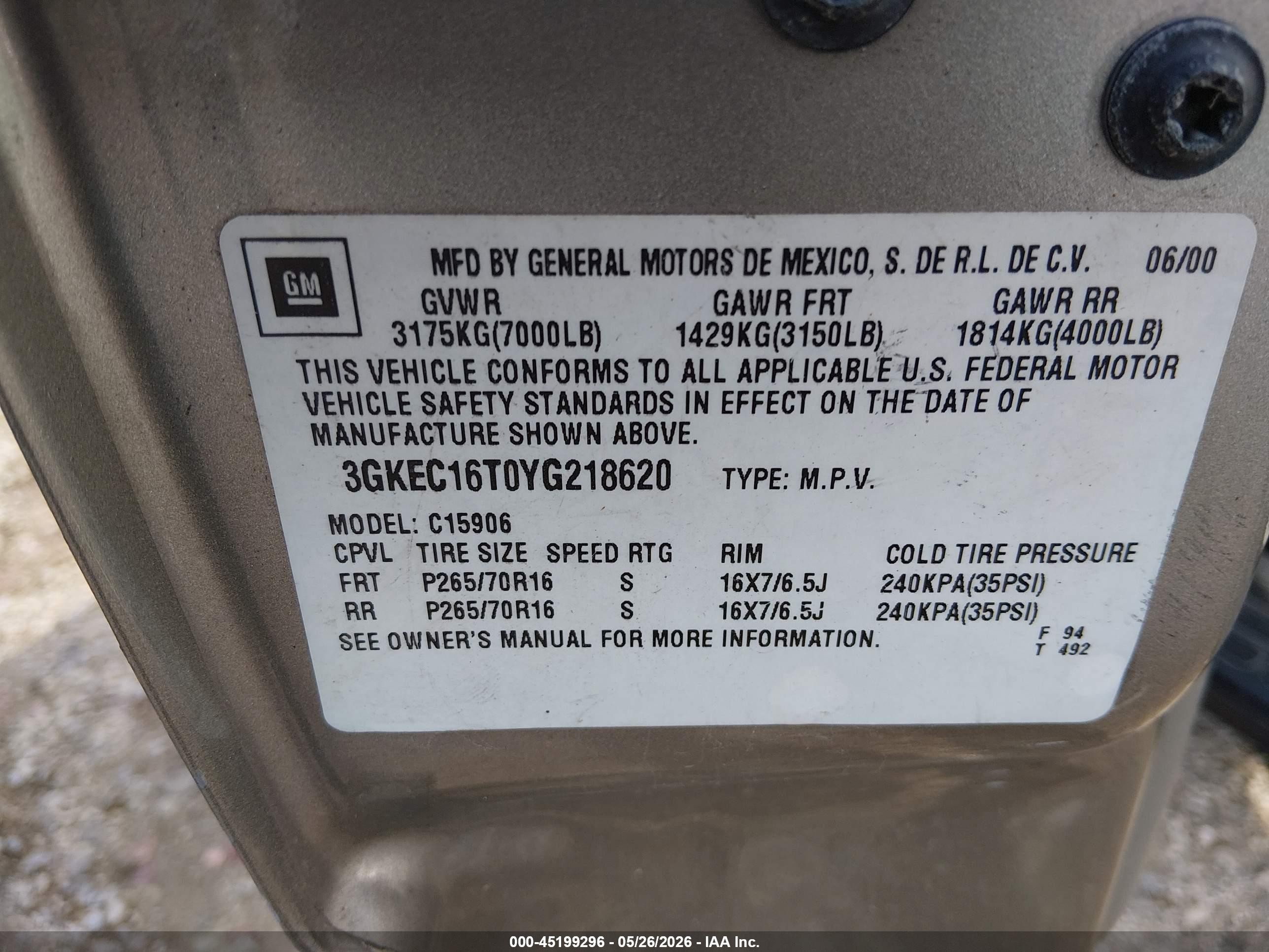 2000 Gmc Yukon Xl 1500 Slt Silver vin: 3GKEC16T0YG218620