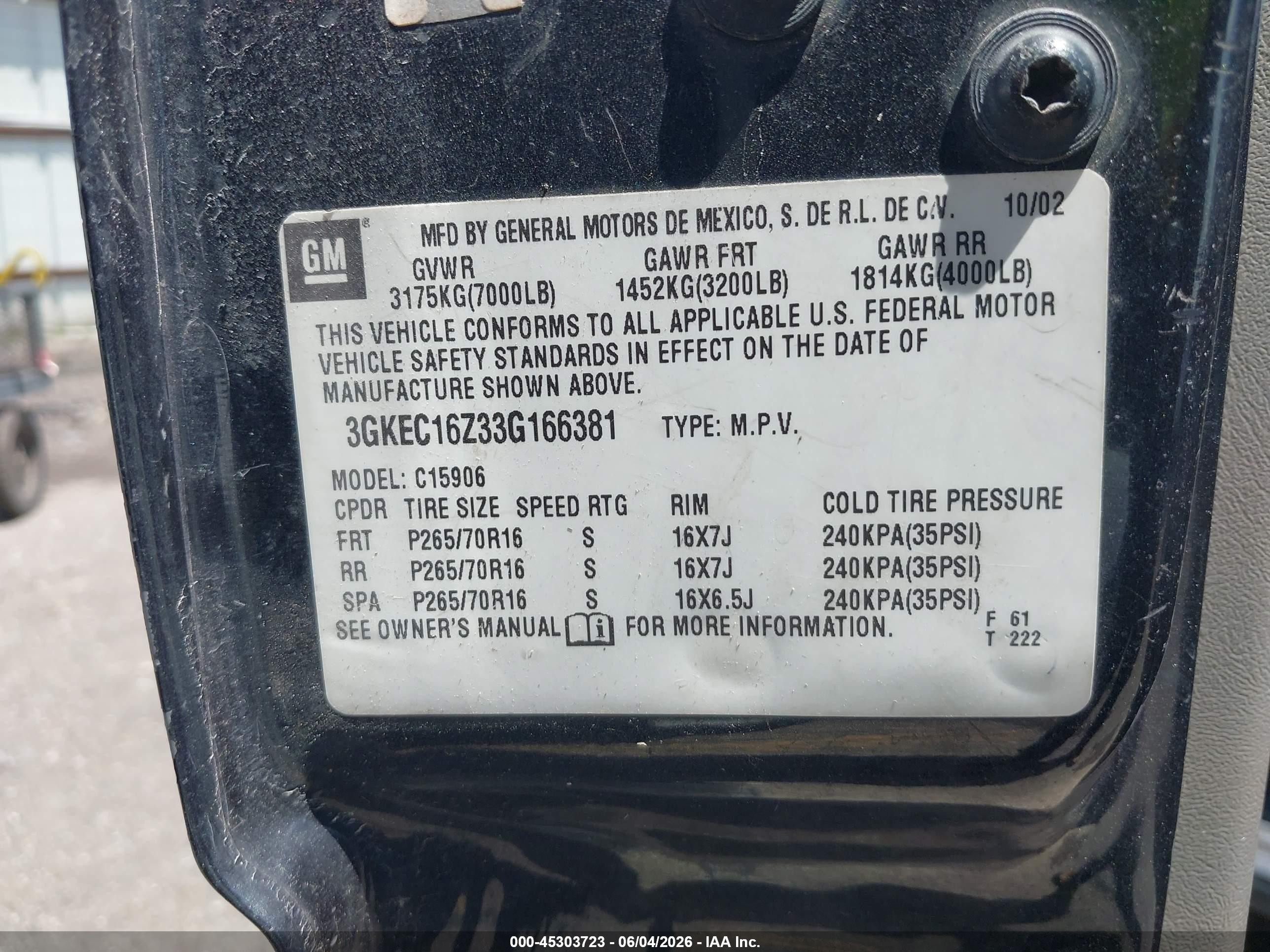 2003 Gmc Yukon Xl 1500 Sle Black vin: 3GKEC16Z33G166381