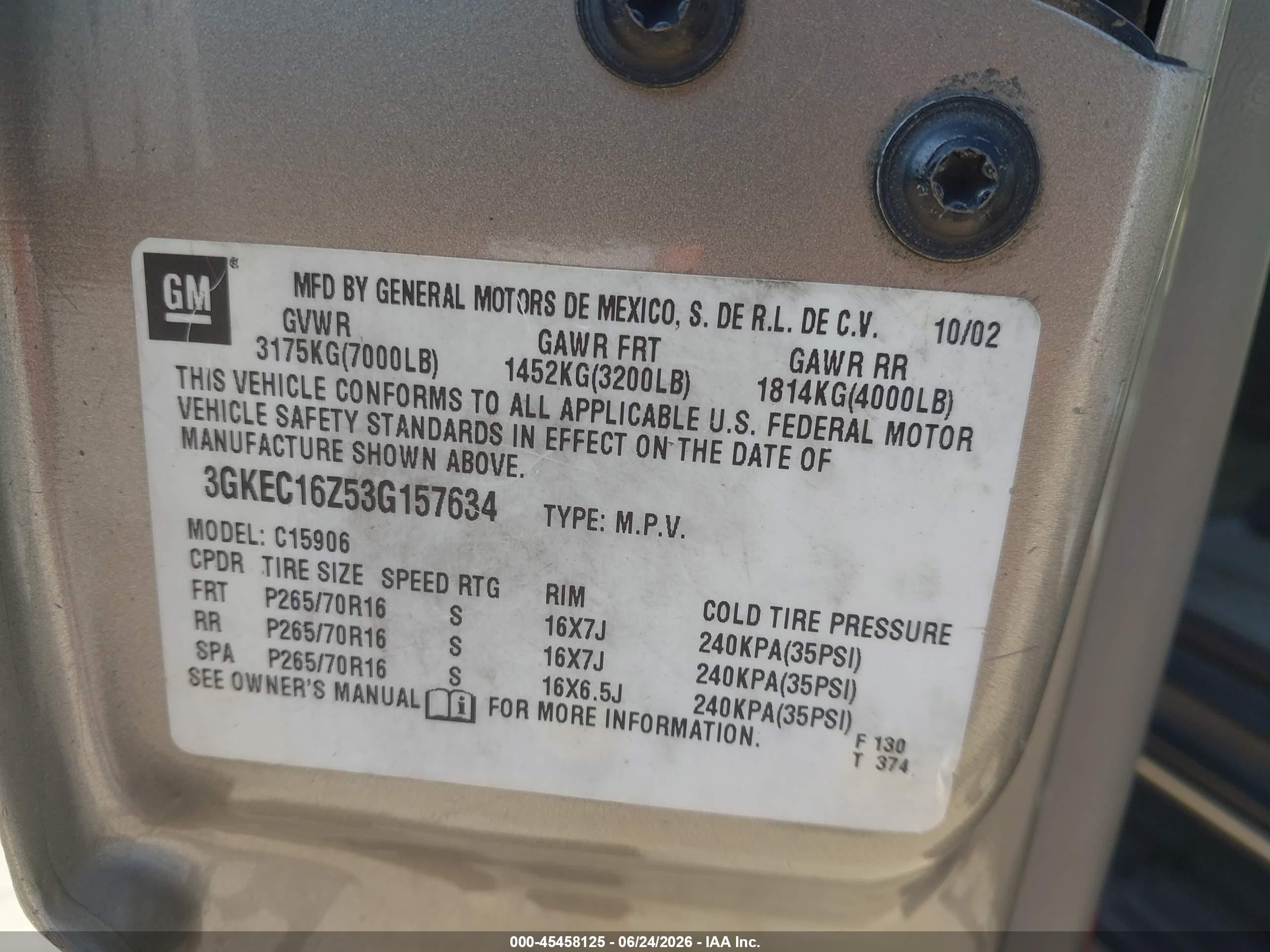 2003 Gmc Yukon Xl 1500 Slt Beige vin: 3GKEC16Z53G157634