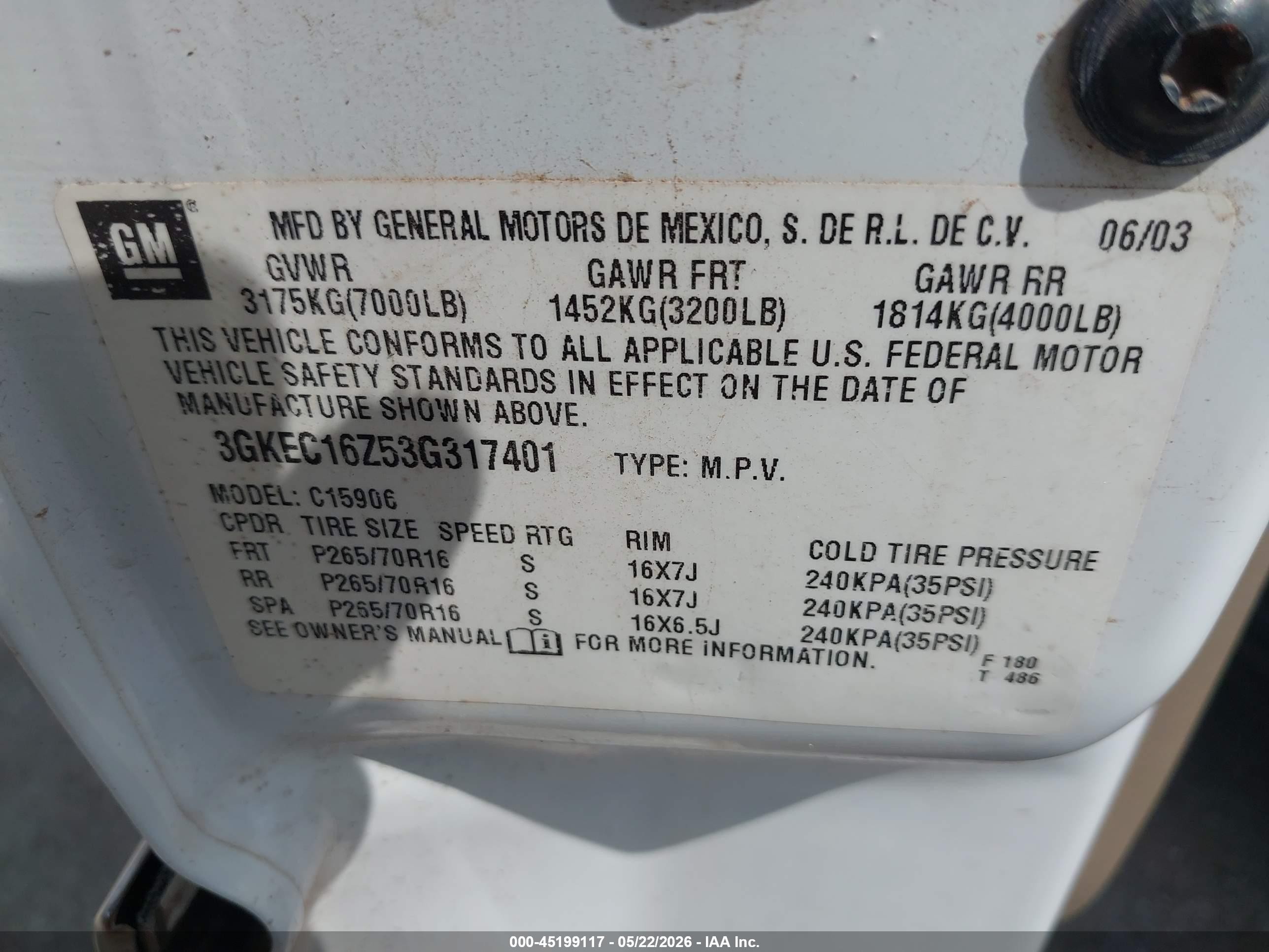 2003 Gmc Yukon Xl 1500 Slt White vin: 3GKEC16Z53G317401