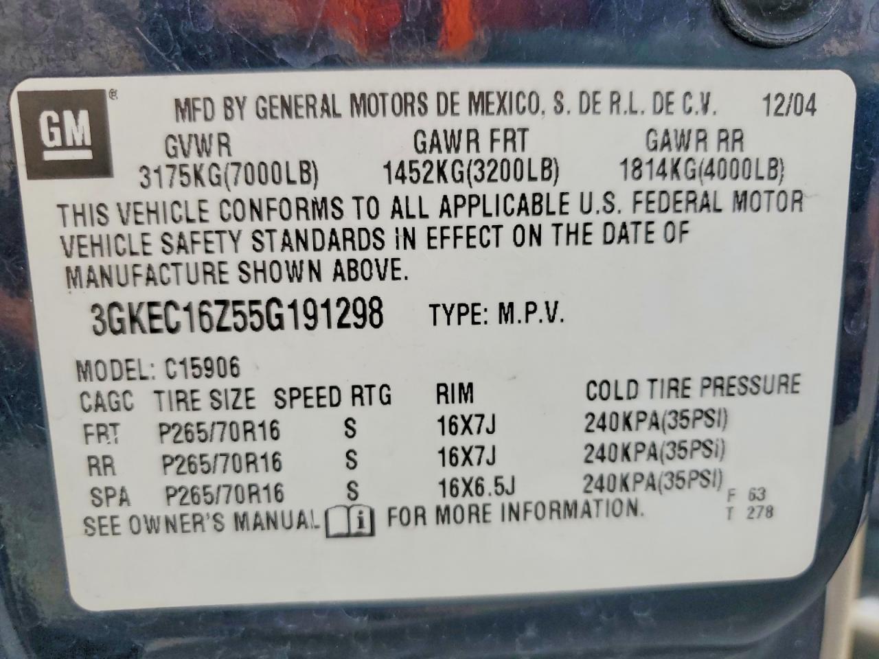 2005 Gmc Yukon Xl C1500 Blue vin: 3GKEC16Z55G191298