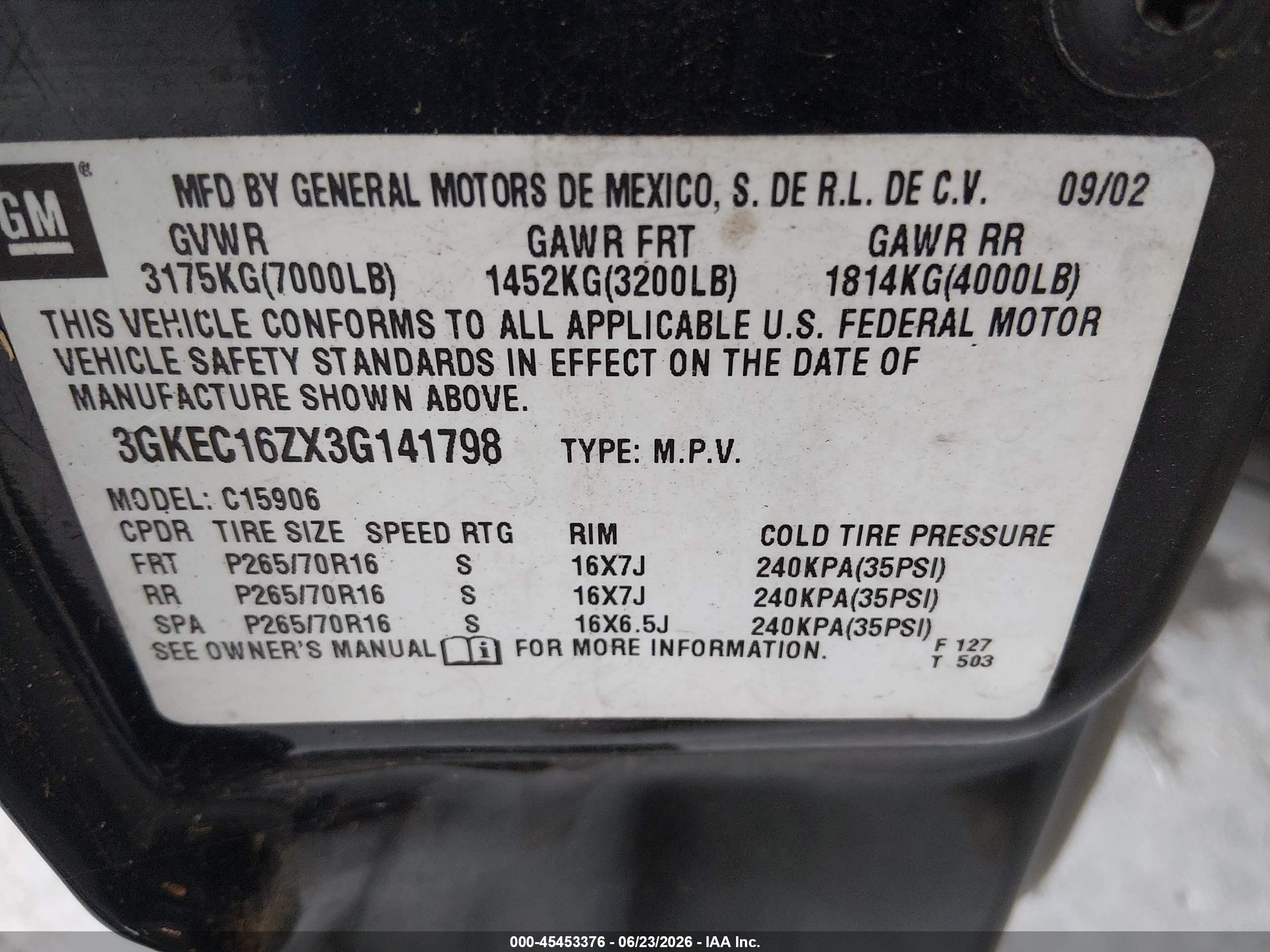 2003 Gmc Yukon Xl 1500 Slt Black vin: 3GKEC16ZX3G141798