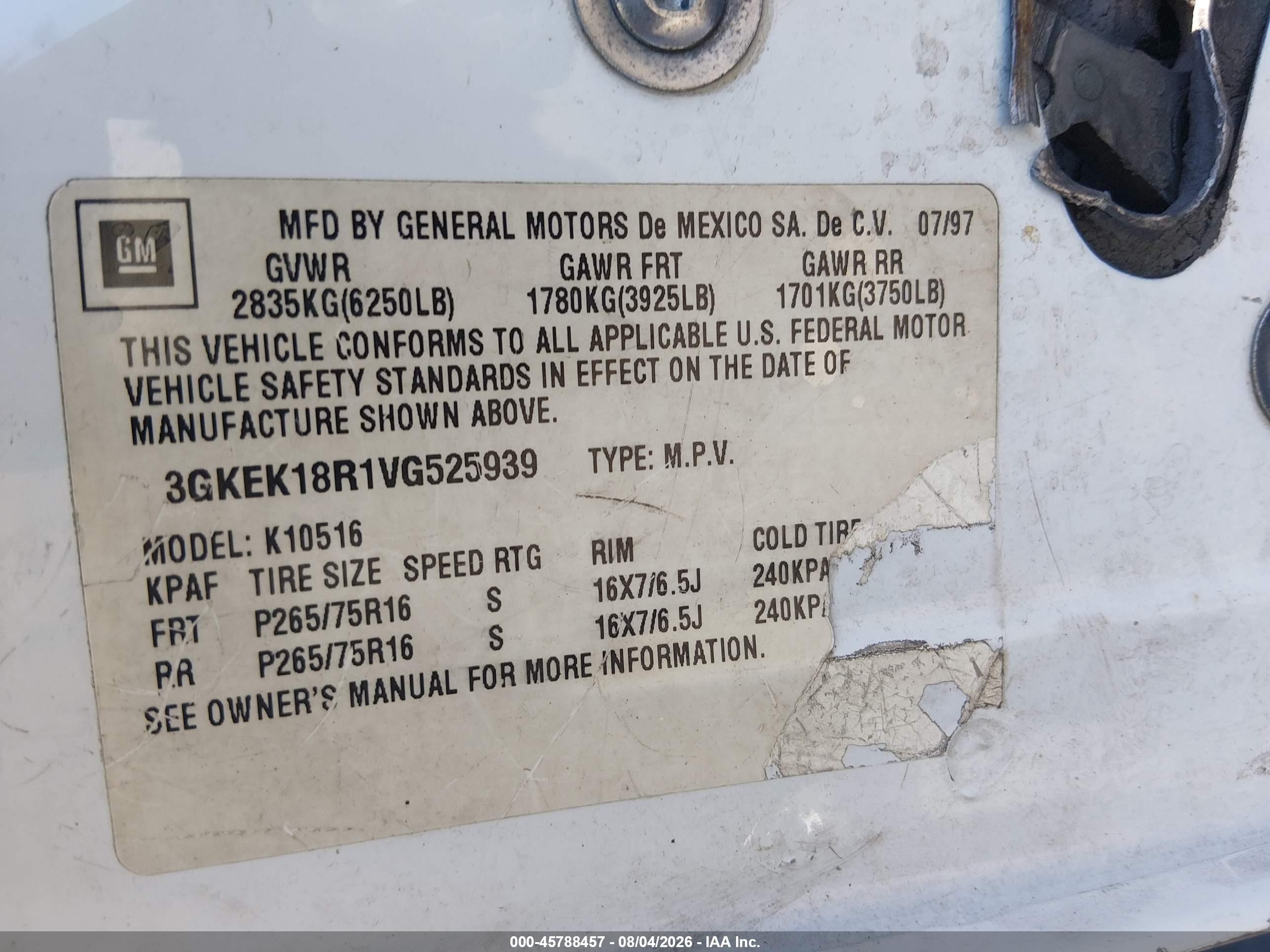 1997 Gmc Yukon Sl White vin: 3GKEK18R1VG525939