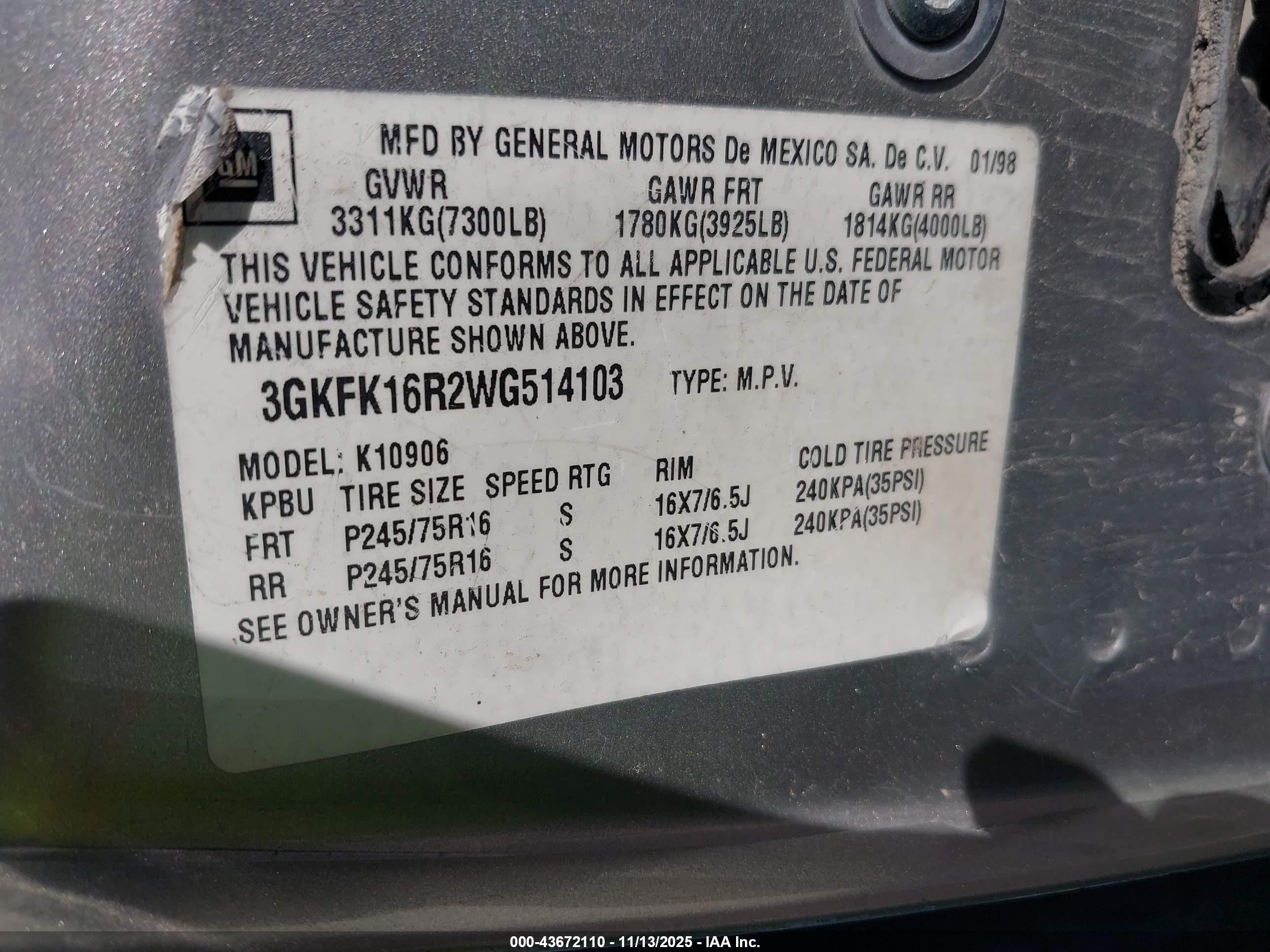 1998 Gmc Suburban 1500 Sl Gold vin: 3GKFK16R2WG514103