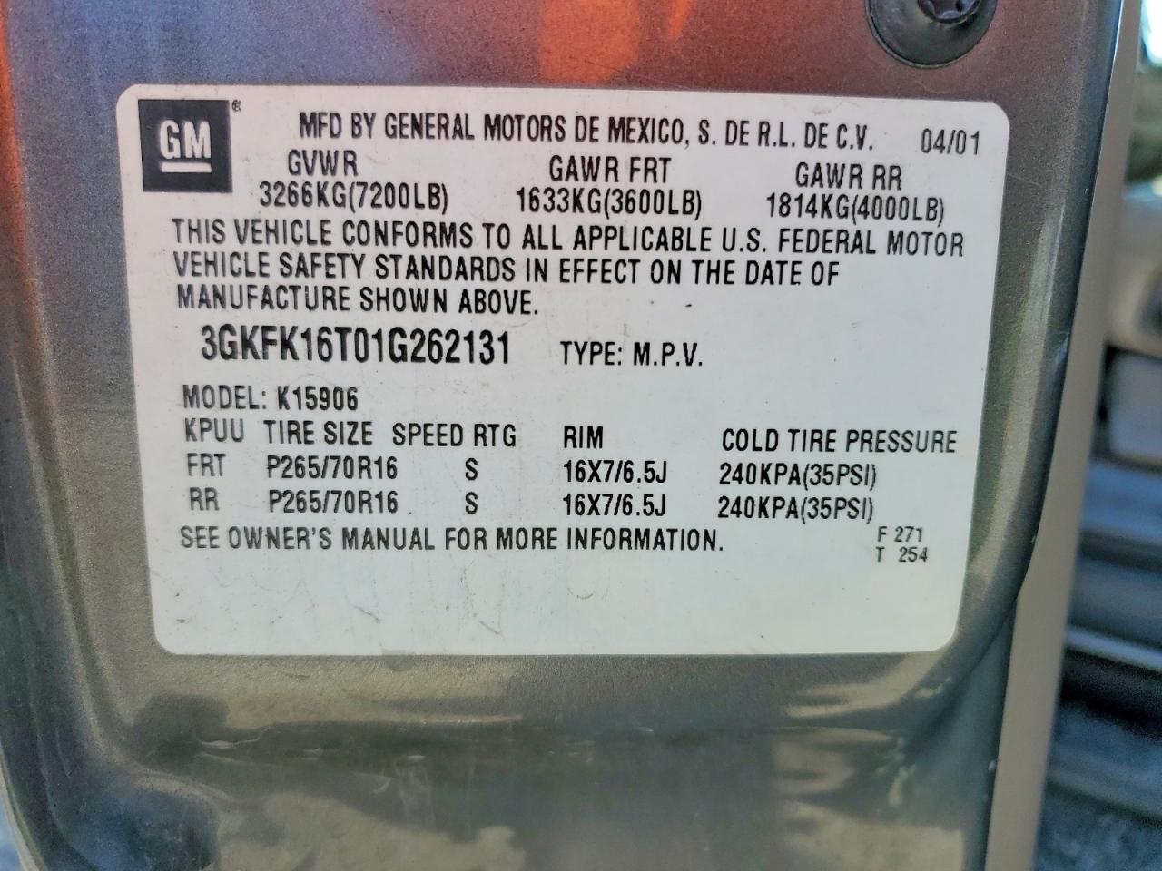 2001 Gmc Yukon Xl K1500 Gray vin: 3GKFK16T01G262131