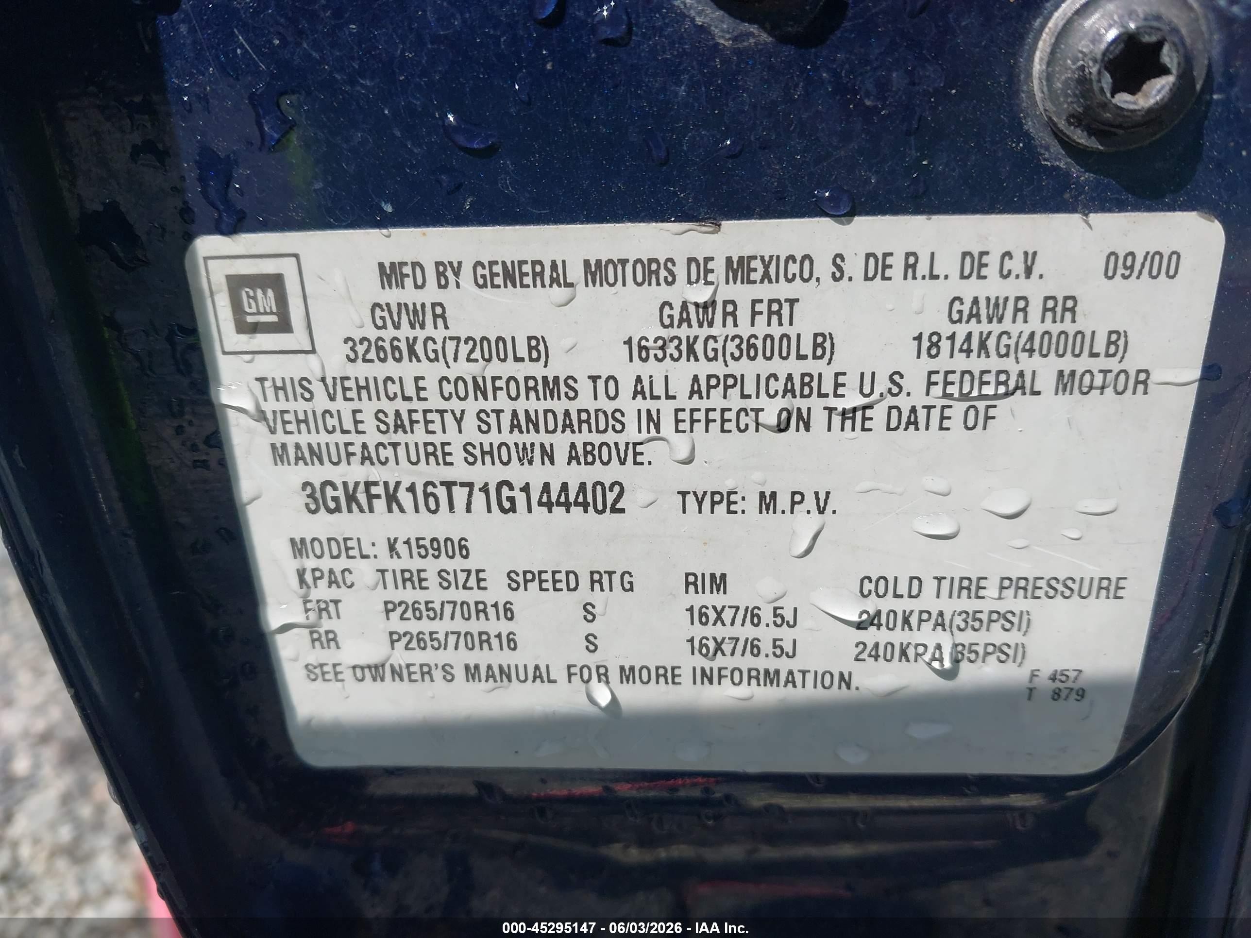 2001 Gmc Yukon Xl 1500 Slt Blue vin: 3GKFK16T71G144402