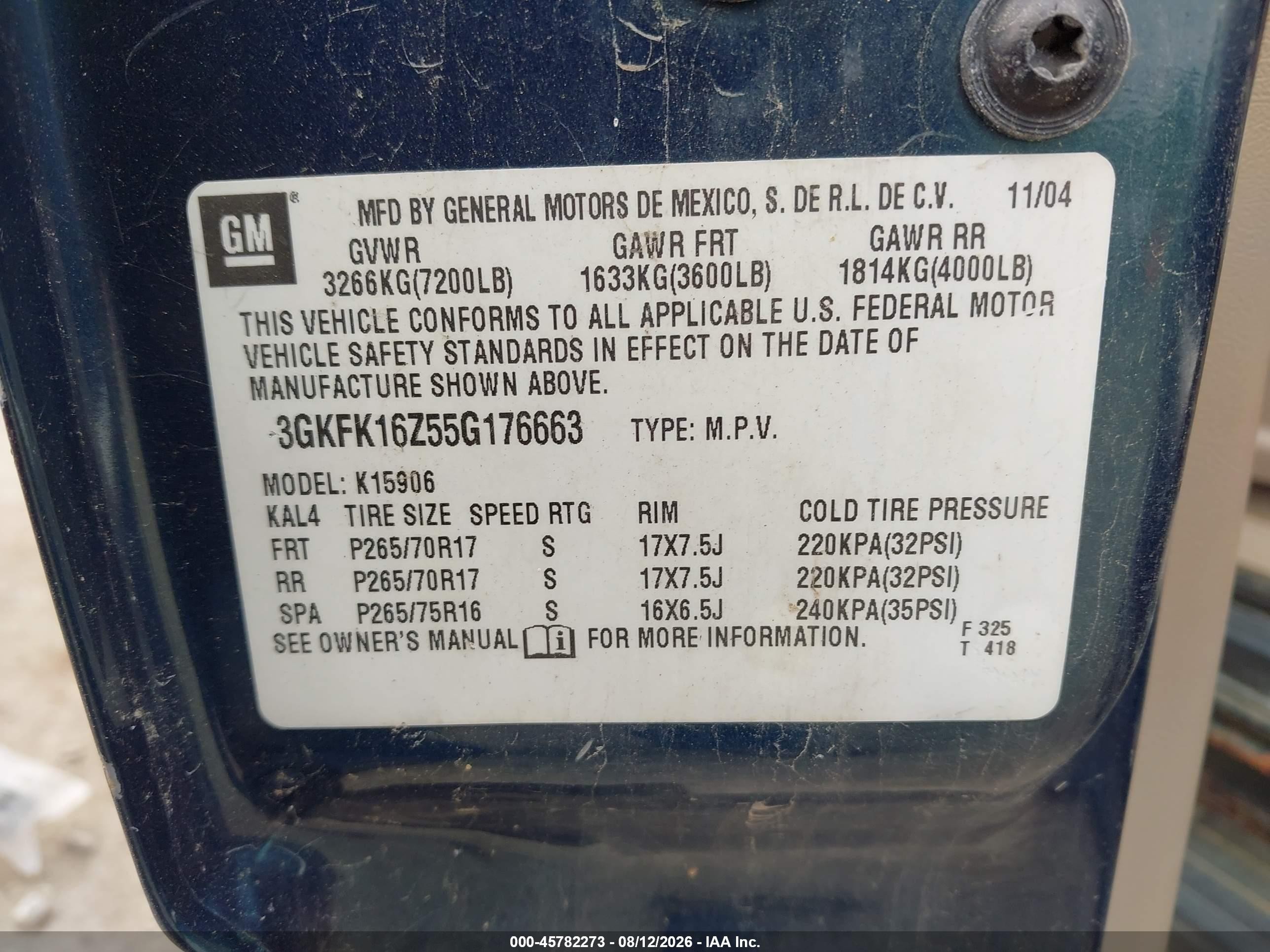 2005 Gmc Yukon Xl 1500 Slt Blue vin: 3GKFK16Z55G176663