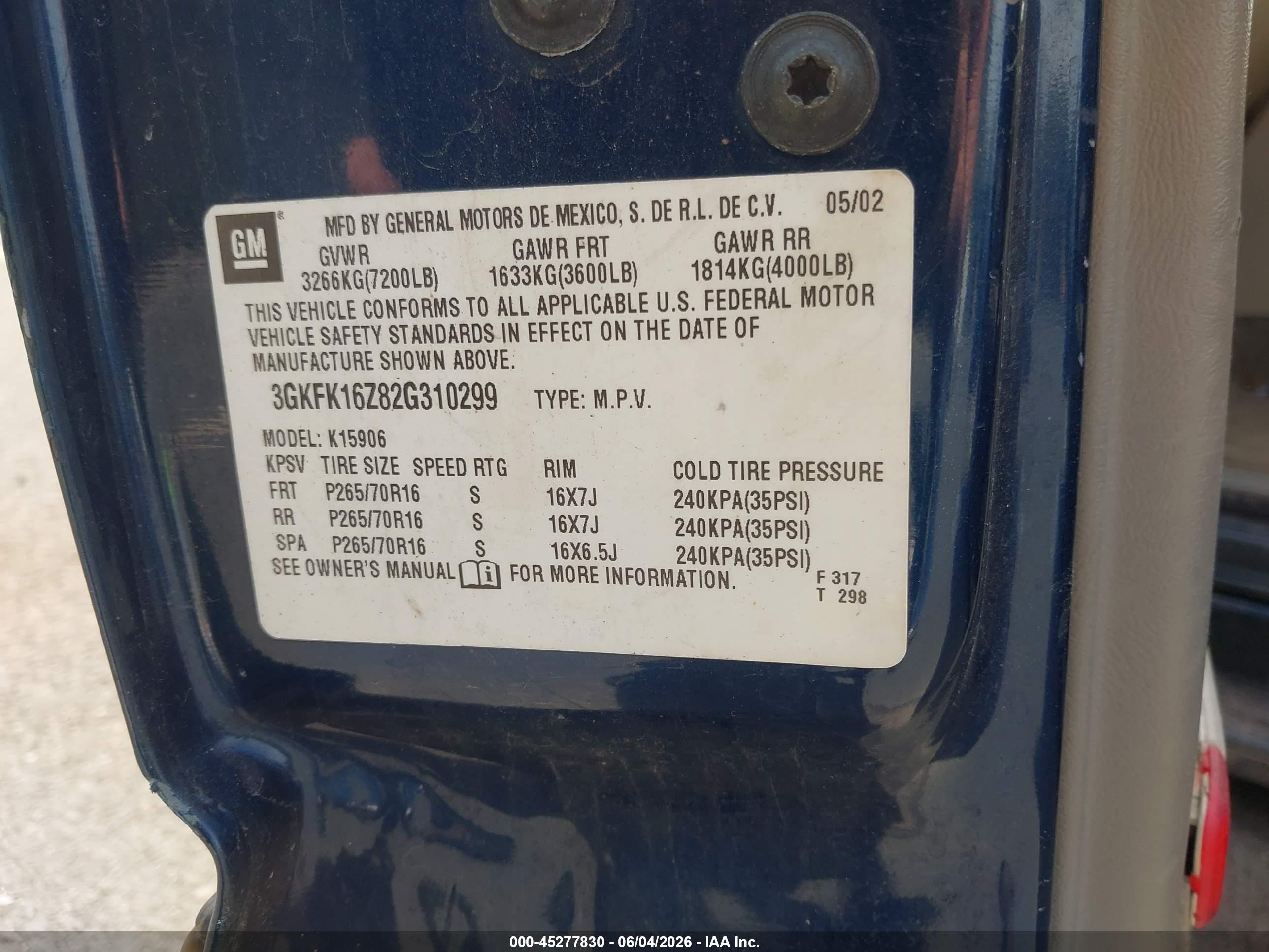 2002 Gmc Yukon Xl 1500 Slt Blue vin: 3GKFK16Z82G310299