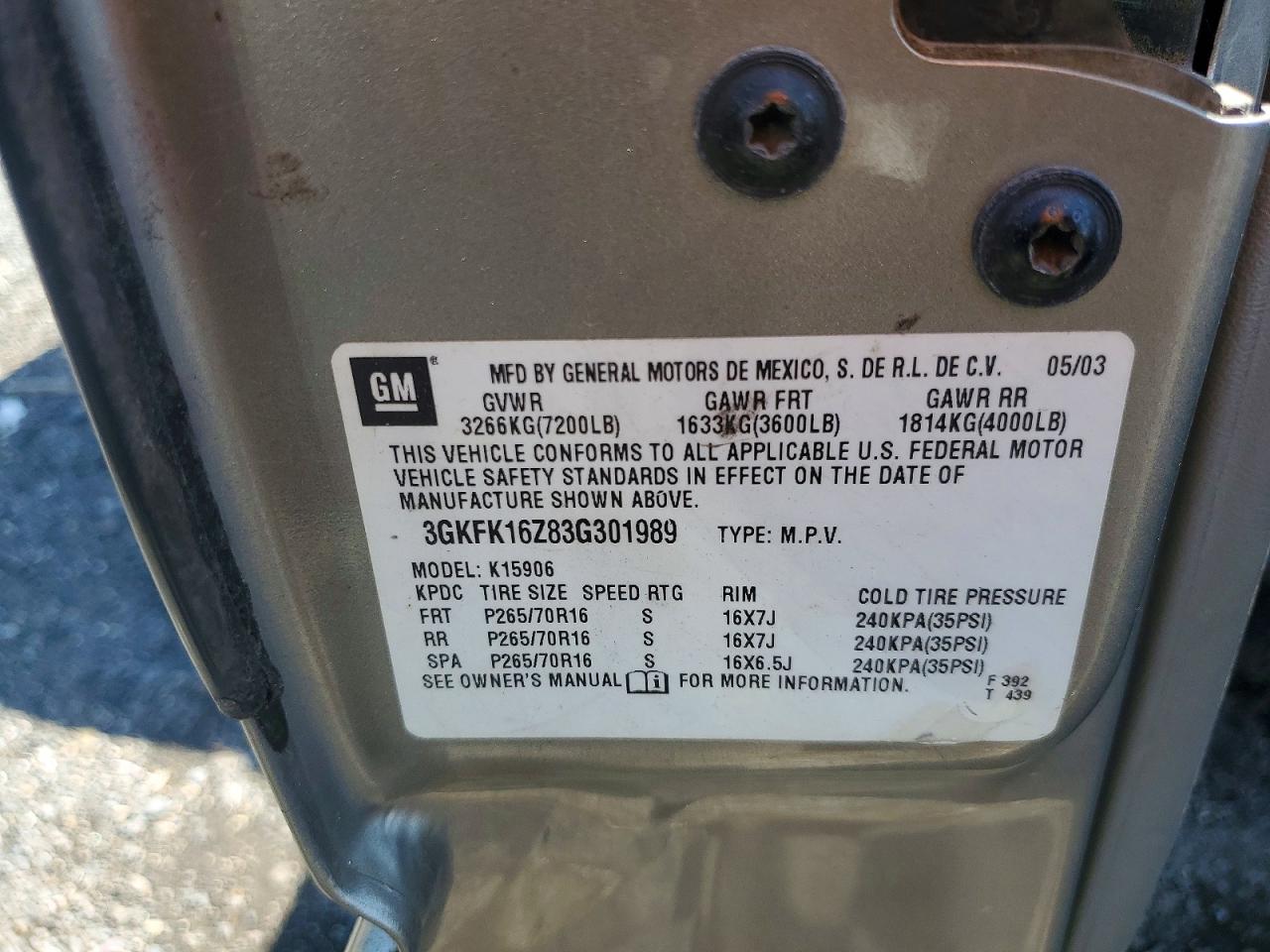 2003 Gmc Yukon Xl K1500 Бежевый vin: 3GKFK16Z83G301989