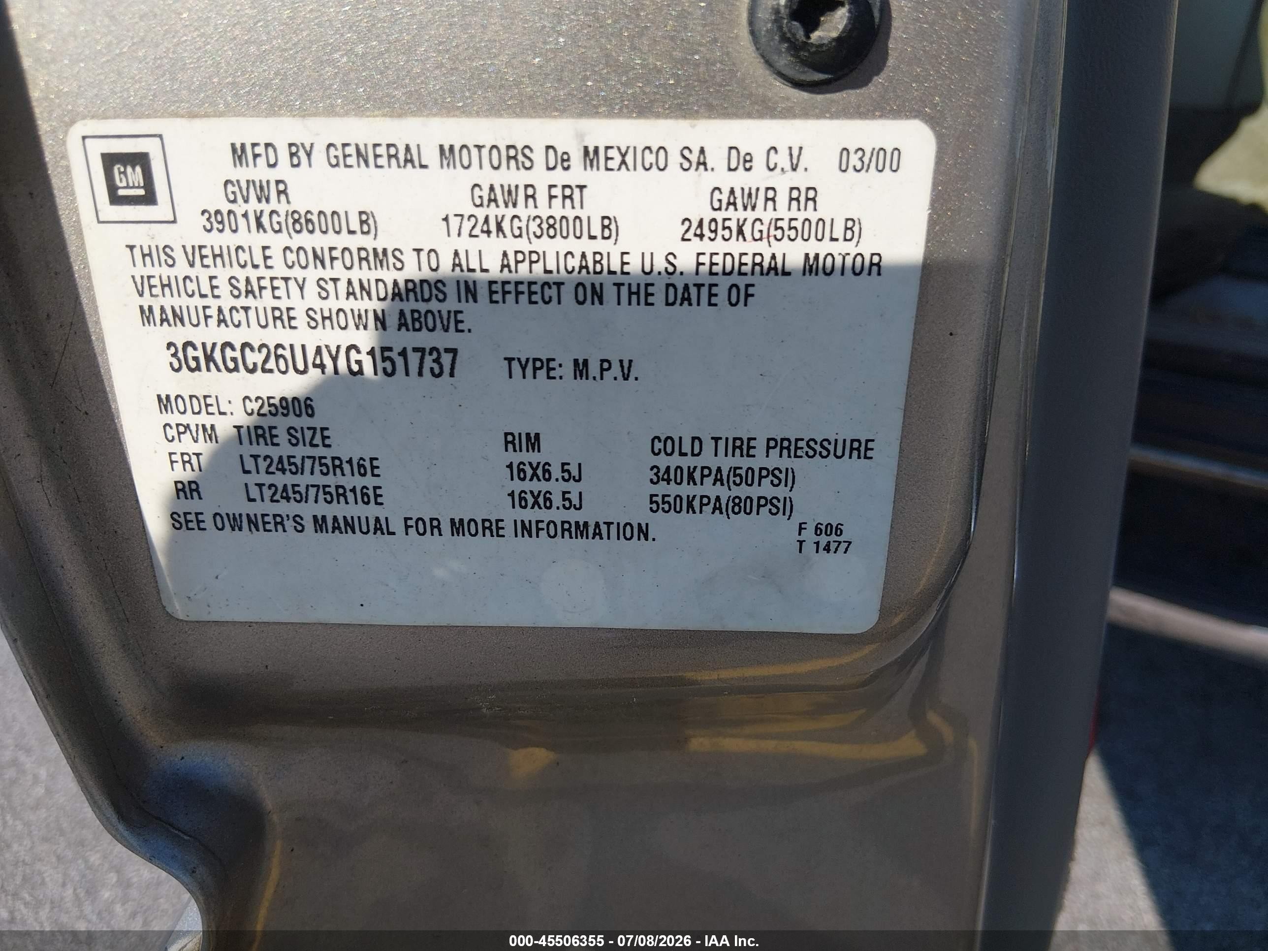 2000 Gmc Yukon Xl 2500 Slt Бежевый vin: 3GKGC26U4YG151737