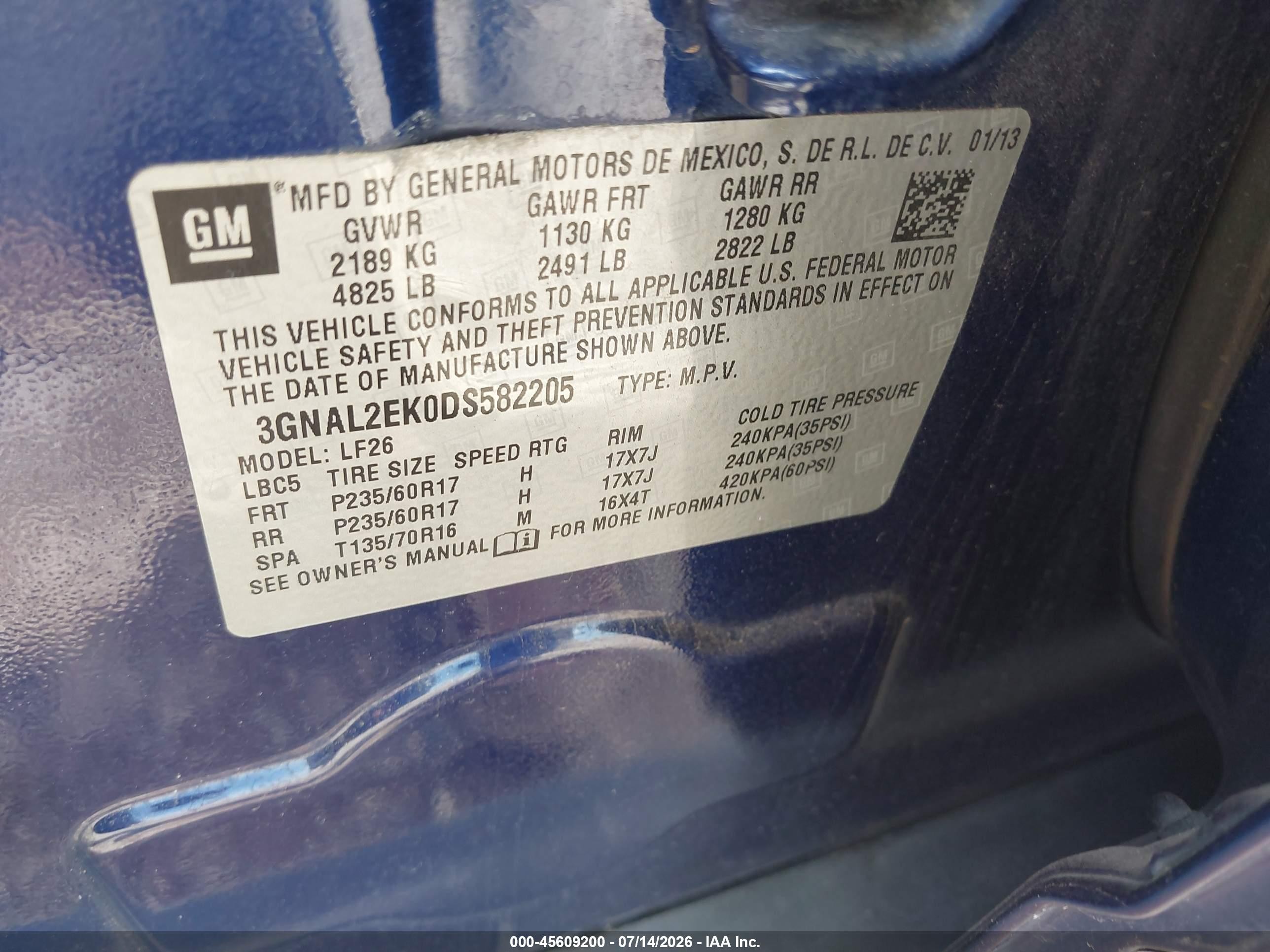 2013 Chevrolet Captiva Sport Fleet Ls Blue vin: 3GNAL2EK0DS582205