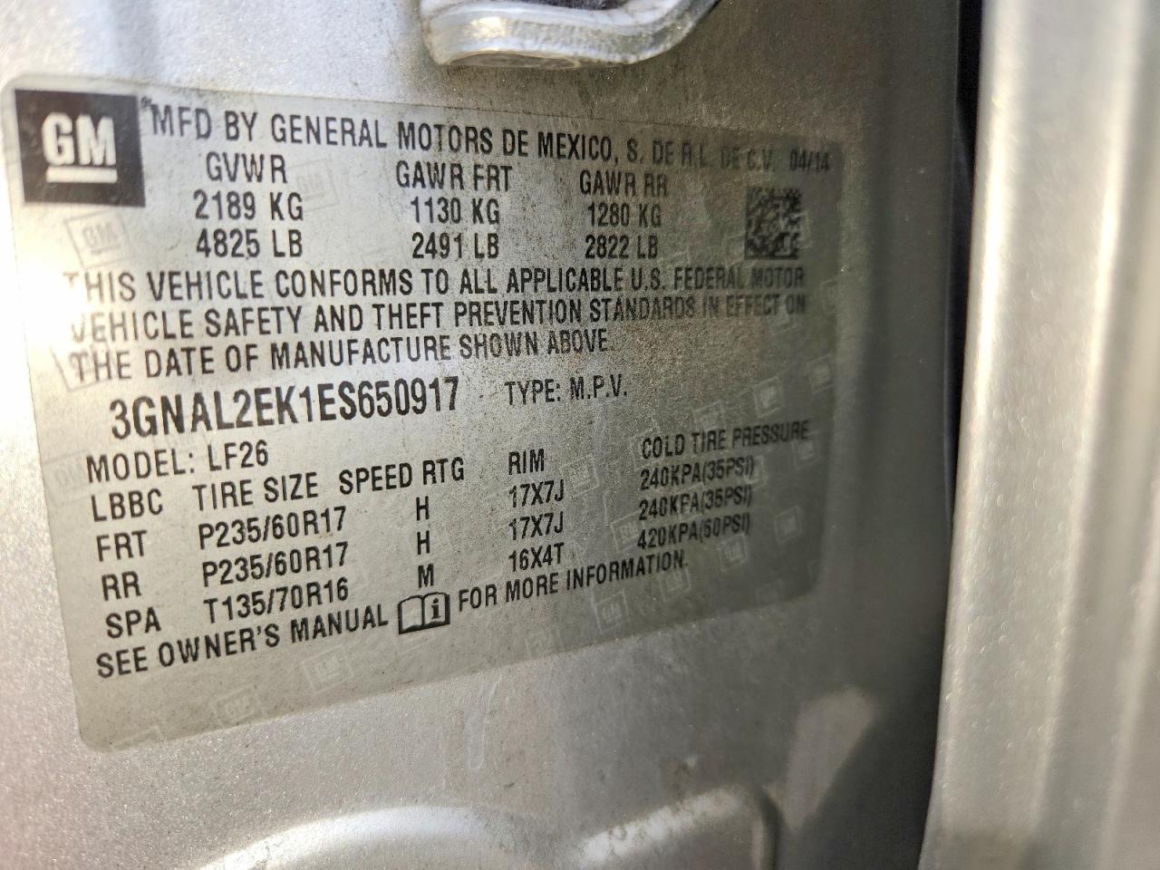 2014 Chevrolet Captiva Ls Silver vin: 3GNAL2EK1ES650917