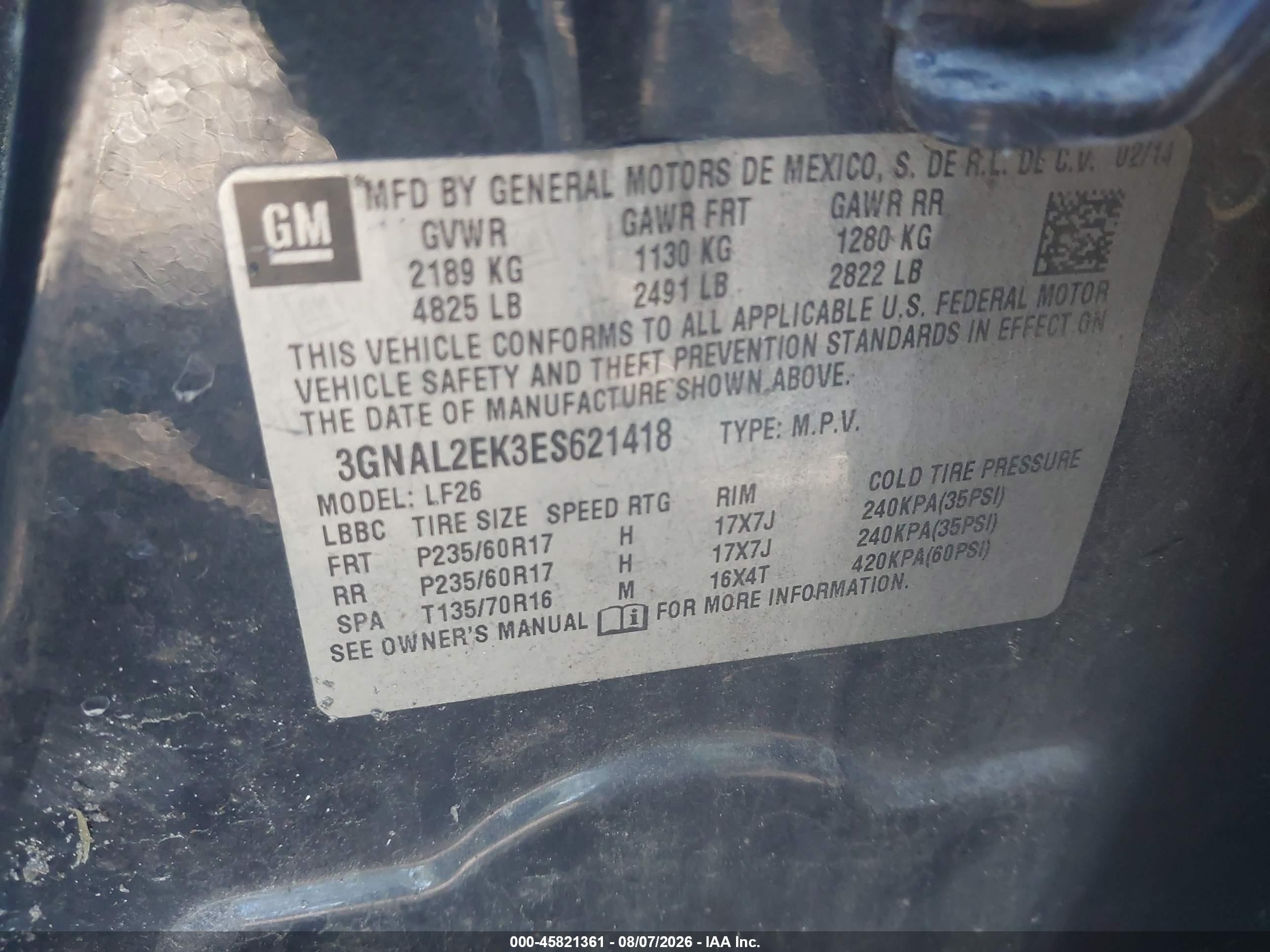 2014 Chevrolet Captiva Sport Fleet Ls Black vin: 3GNAL2EK3ES621418