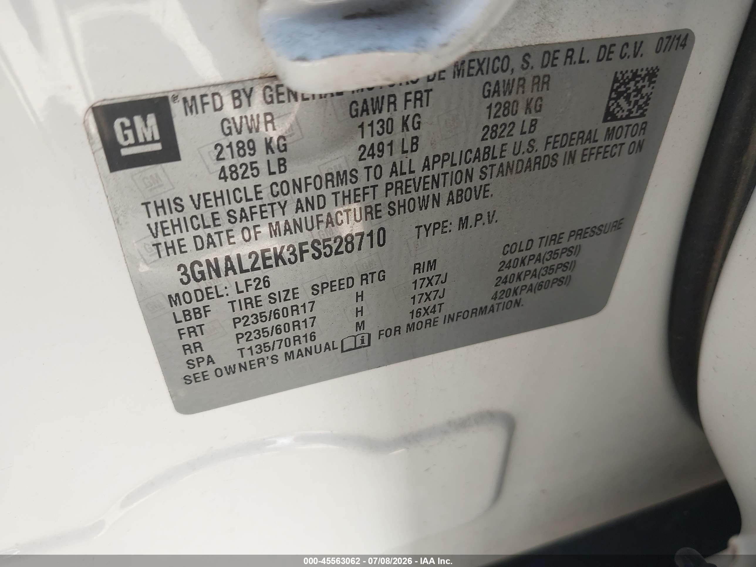 2015 Chevrolet Captiva Sport Fleet Ls White vin: 3GNAL2EK3FS528710