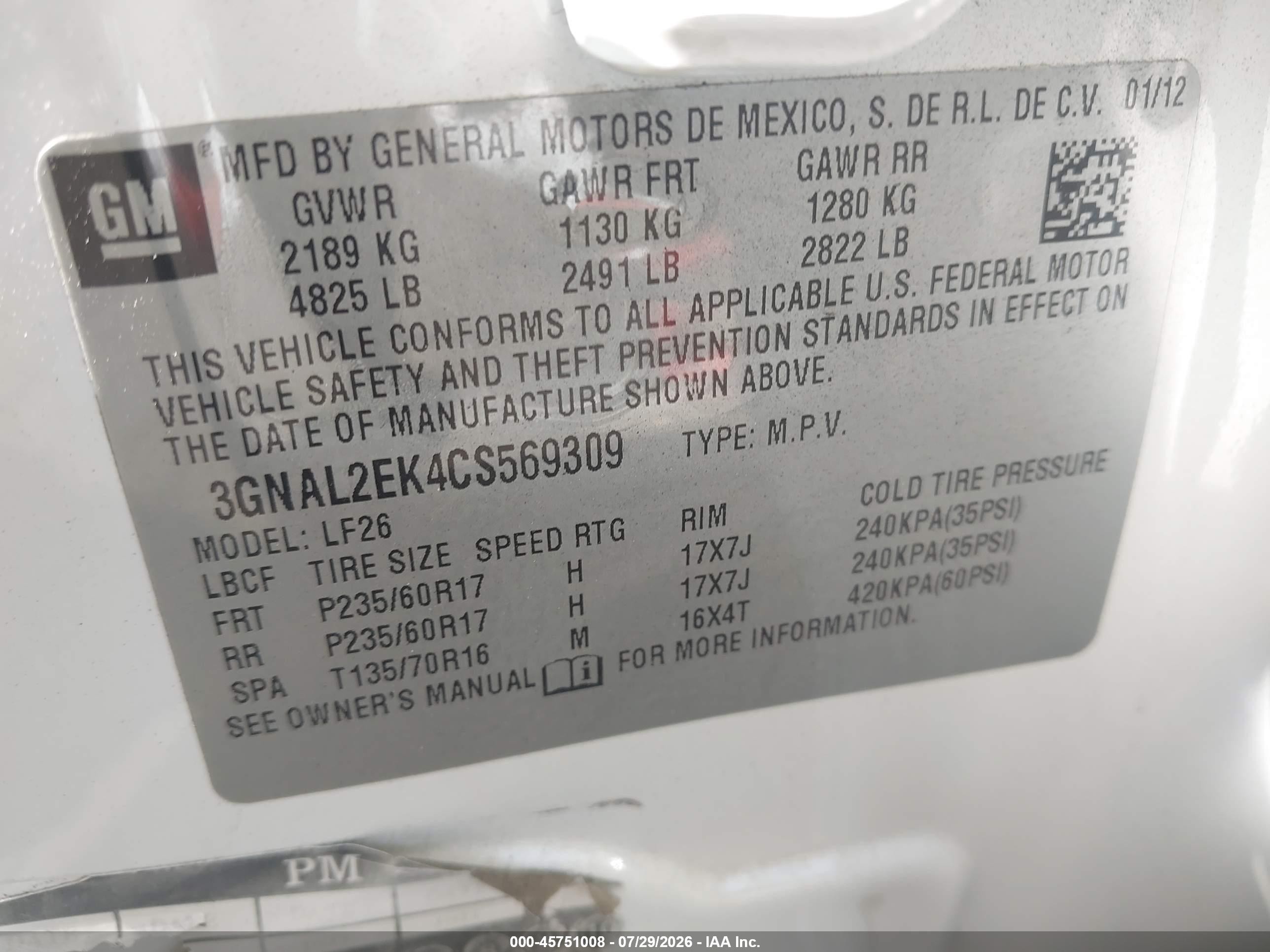 2012 Chevrolet Captiva Sport 2ls White vin: 3GNAL2EK4CS569309