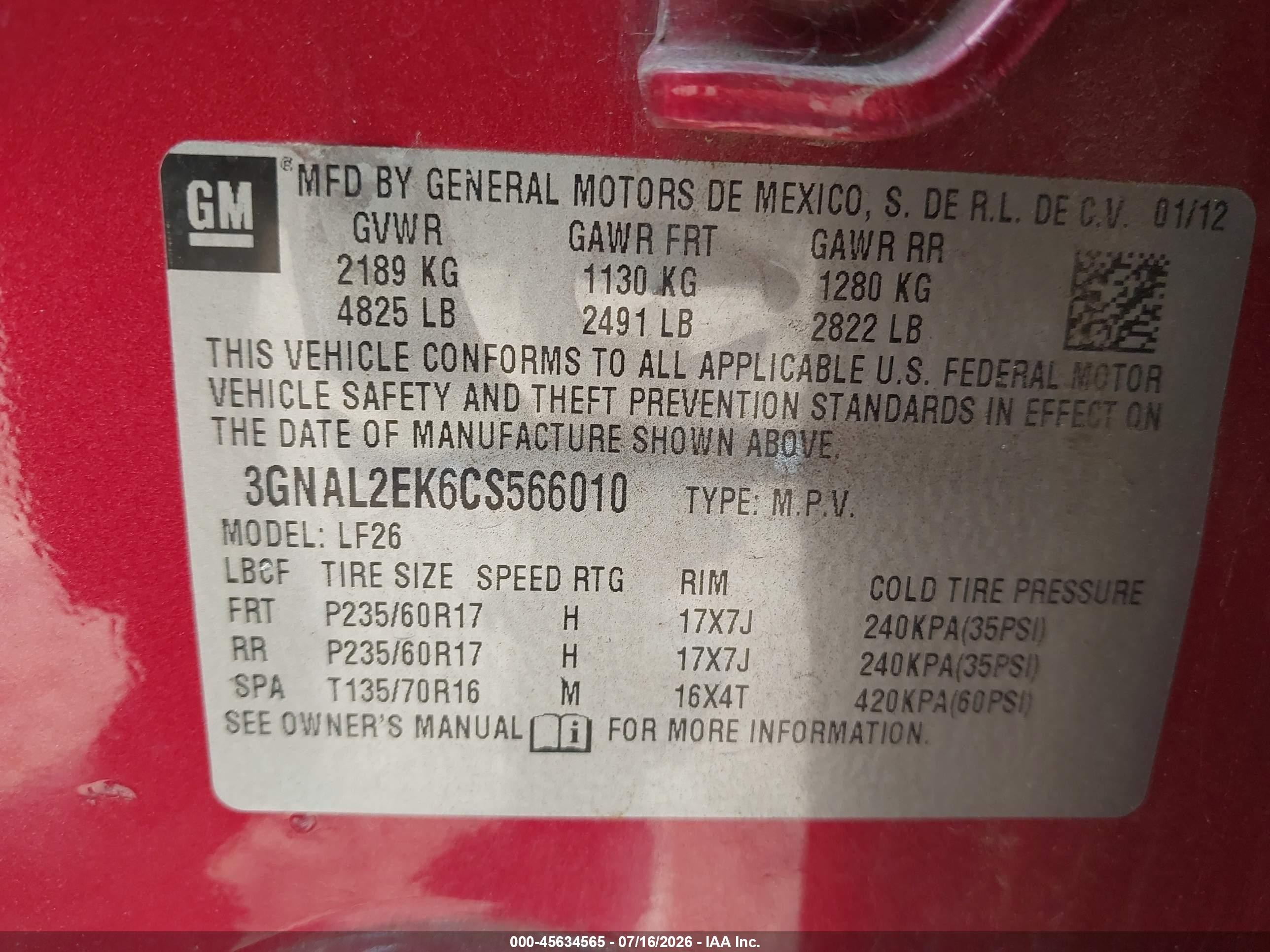 2012 Chevrolet Captiva Sport 2ls Red vin: 3GNAL2EK6CS566010