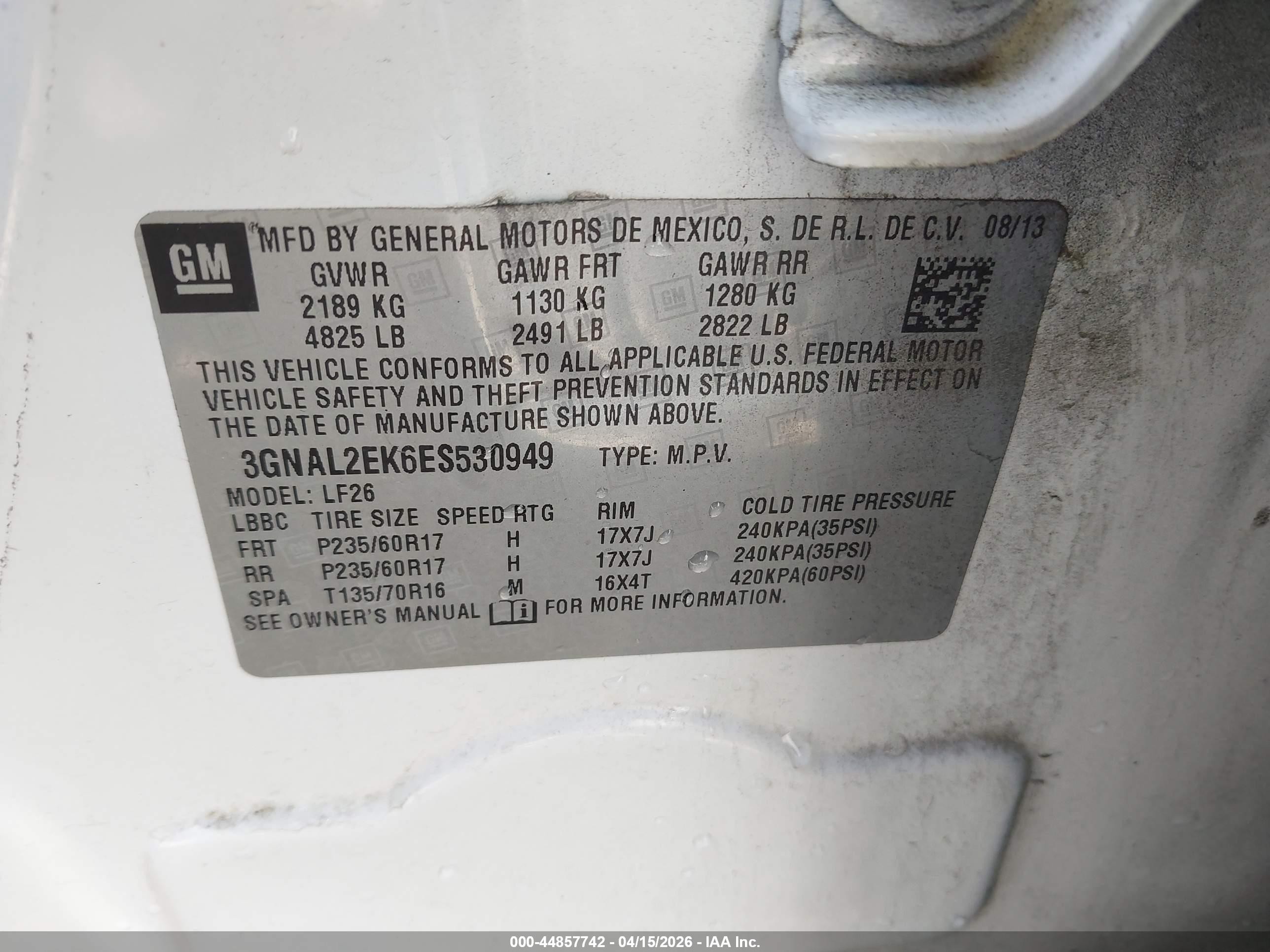 2014 Chevrolet Captiva Sport 2ls Белый vin: 3GNAL2EK6ES530949