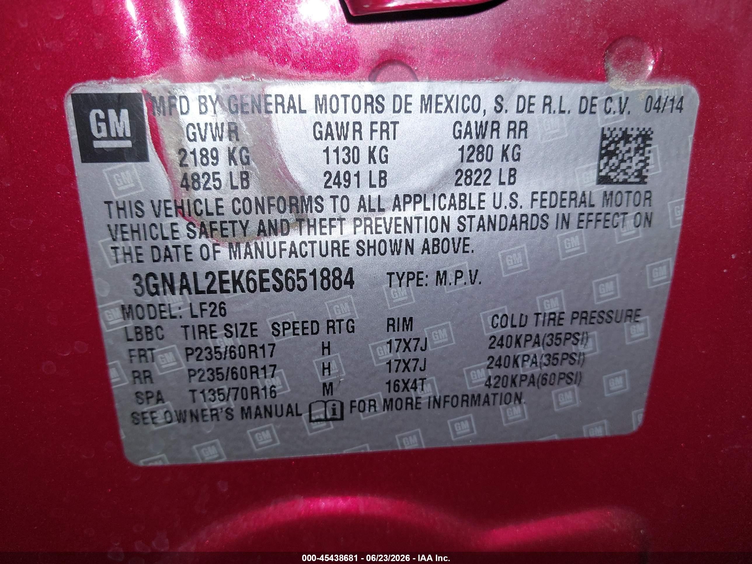 2014 Chevrolet Captiva Sport 2ls Red vin: 3GNAL2EK6ES651884