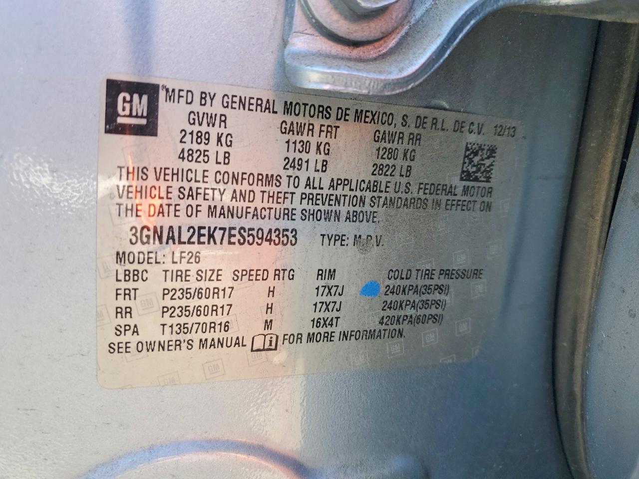 2014 Chevrolet Captiva Ls Blue vin: 3GNAL2EK7ES594353
