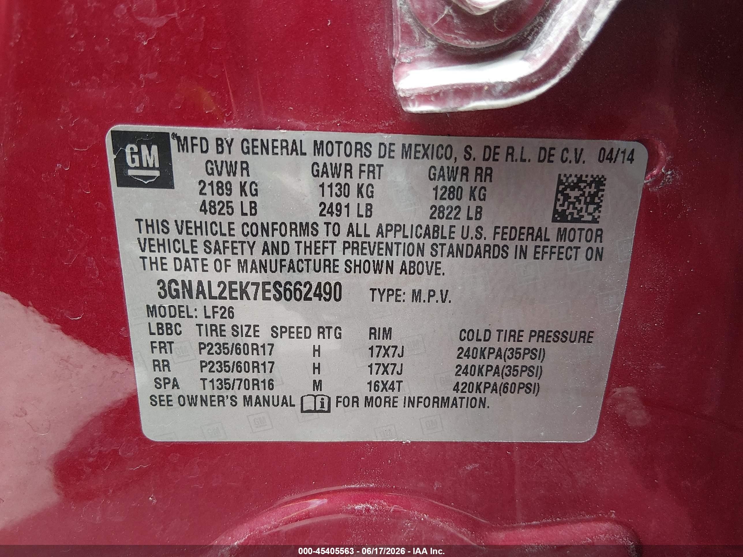 2014 Chevrolet Captiva Sport 2ls Red vin: 3GNAL2EK7ES662490