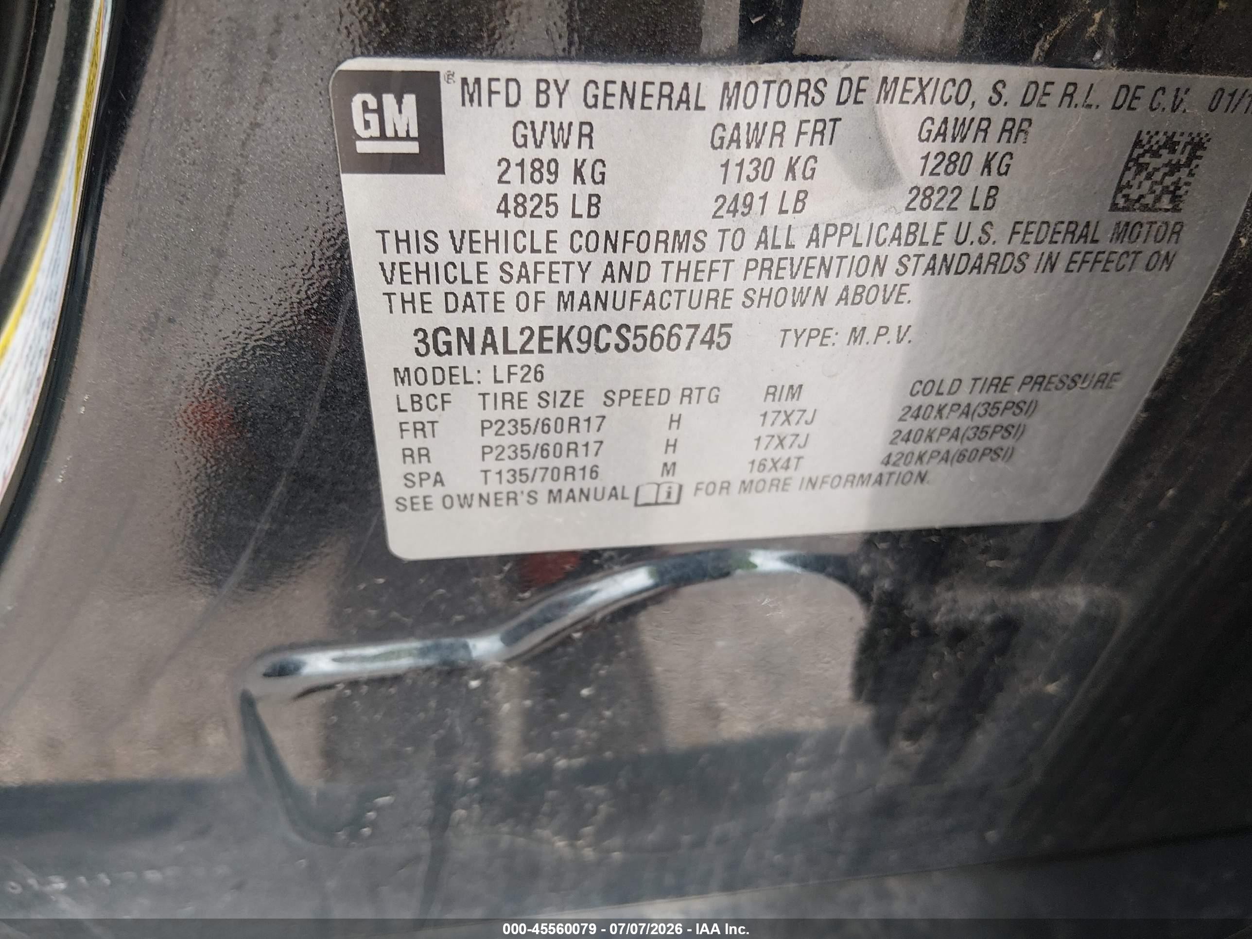 2012 Chevrolet Captiva Sport 2ls Gray vin: 3GNAL2EK9CS566745