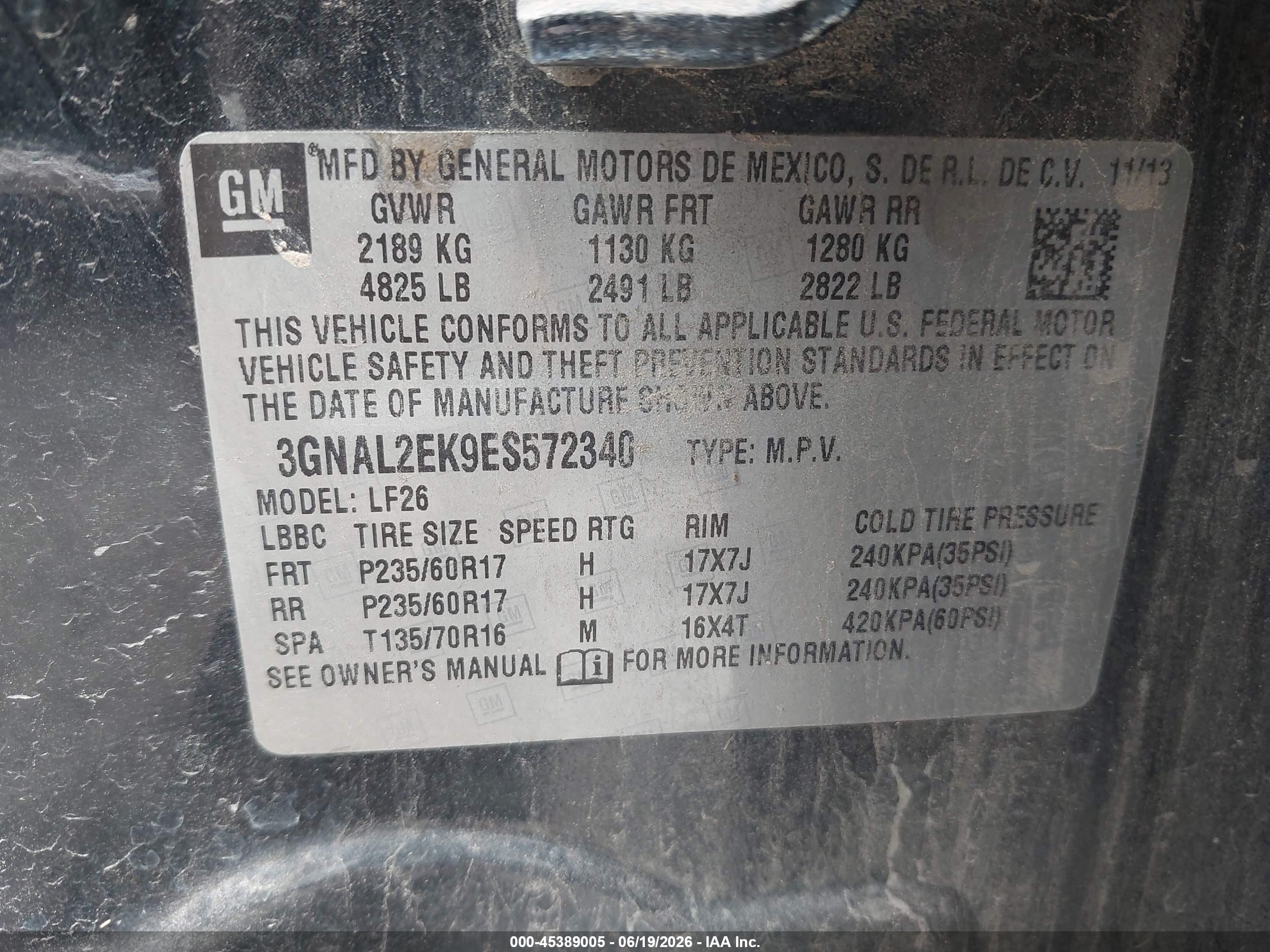 2014 Chevrolet Captiva Sport 2ls Black vin: 3GNAL2EK9ES572340