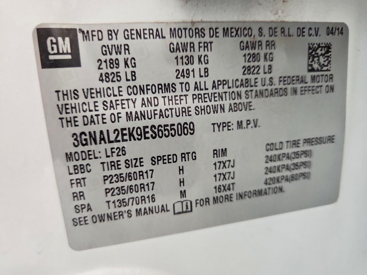 2014 Chevrolet Captiva Ls White vin: 3GNAL2EK9ES655069