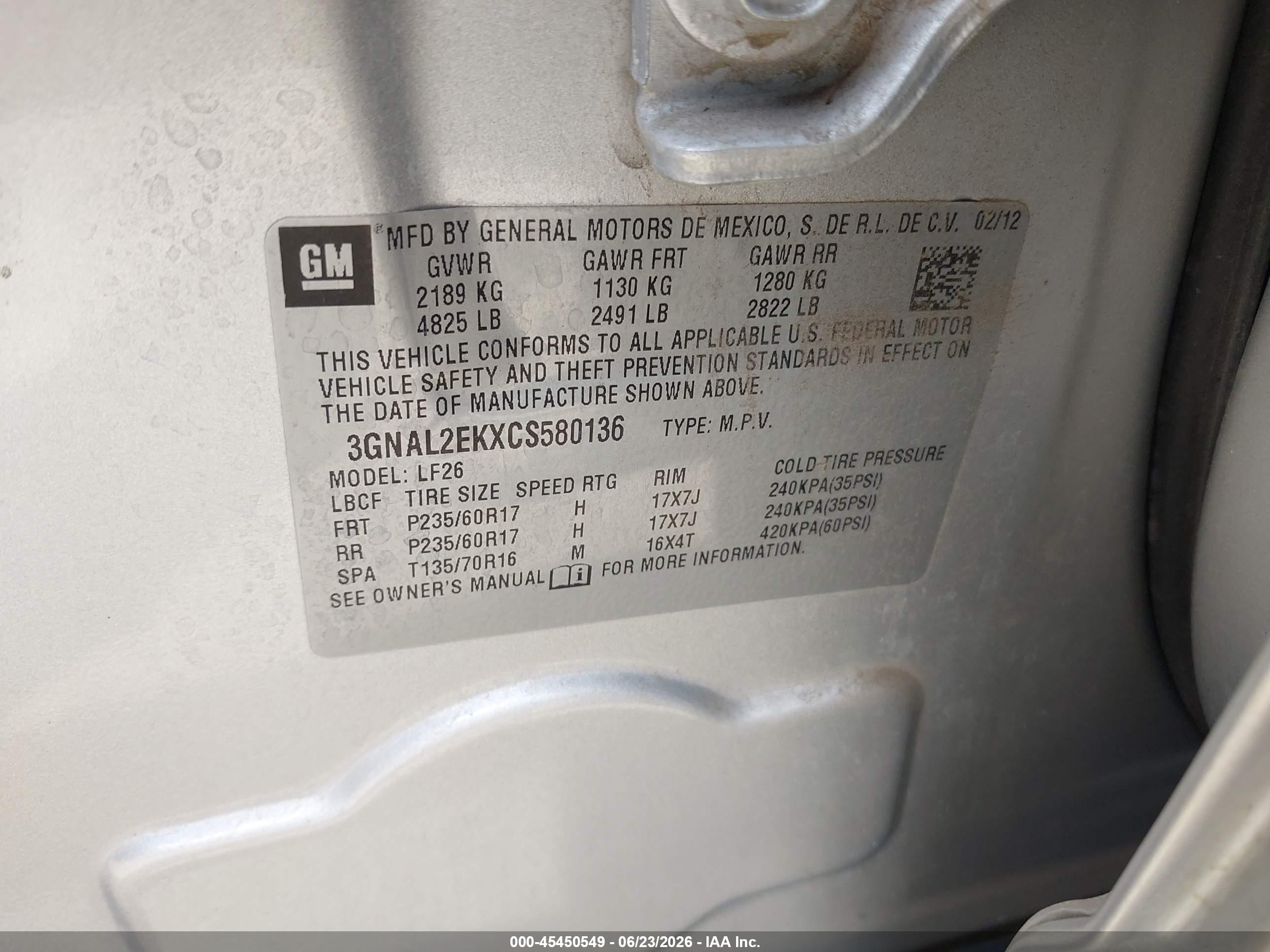2012 Chevrolet Captiva Sport 2ls Silver vin: 3GNAL2EKXCS580136