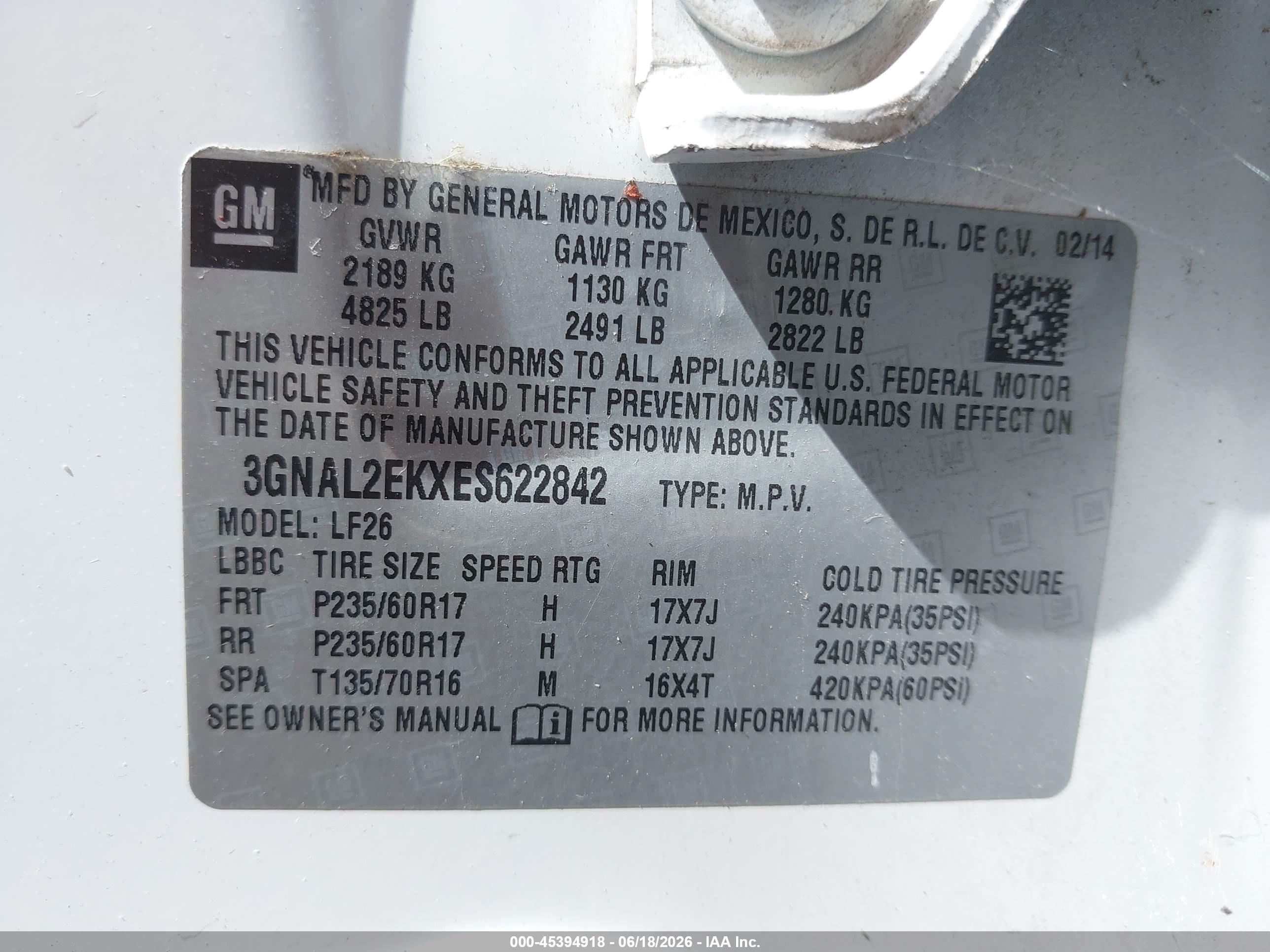 2014 Chevrolet Captiva Sport 2ls Белый vin: 3GNAL2EKXES622842