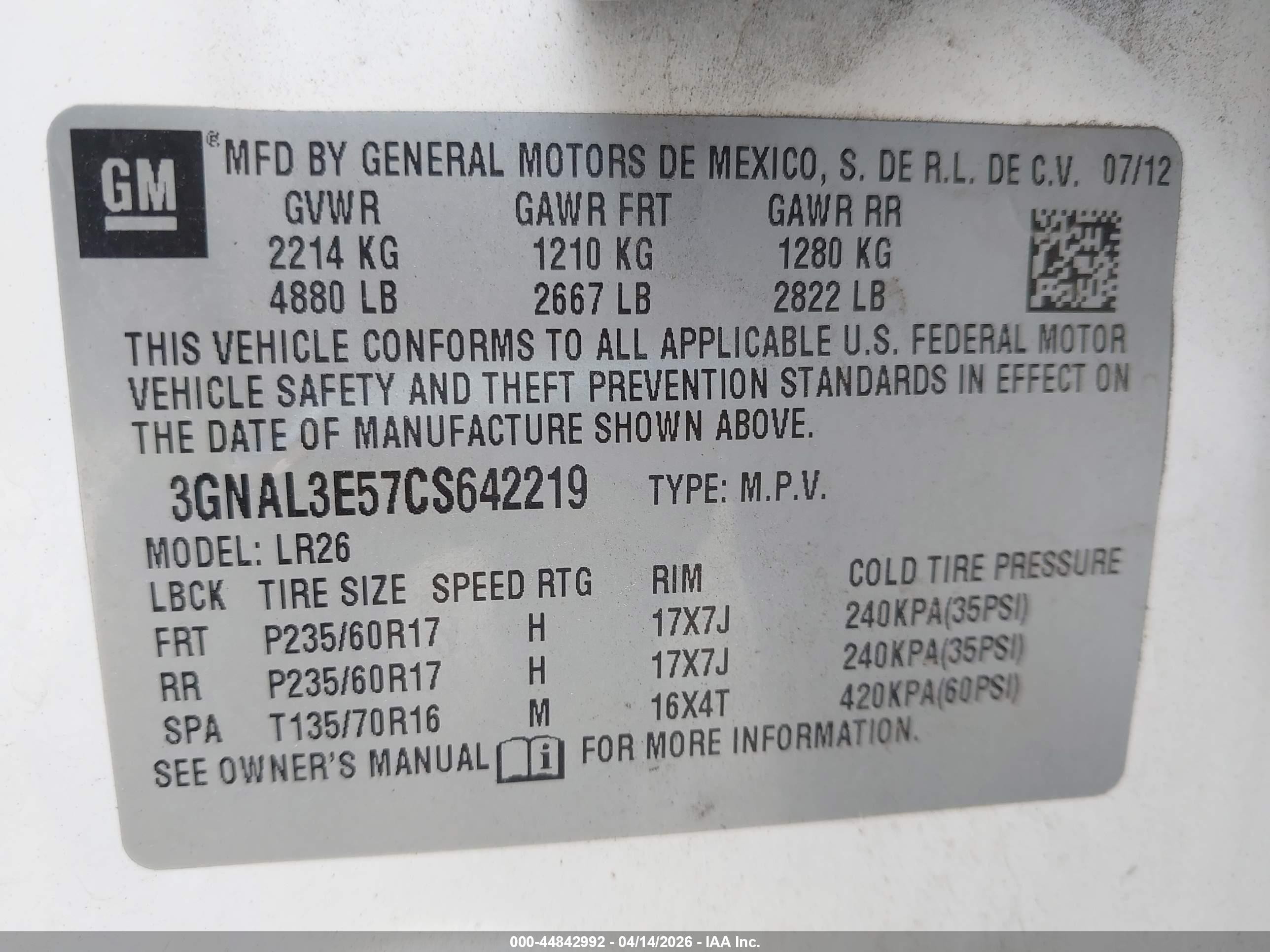 2012 Chevrolet Captiva Sport Lt White vin: 3GNAL3E57CS642219