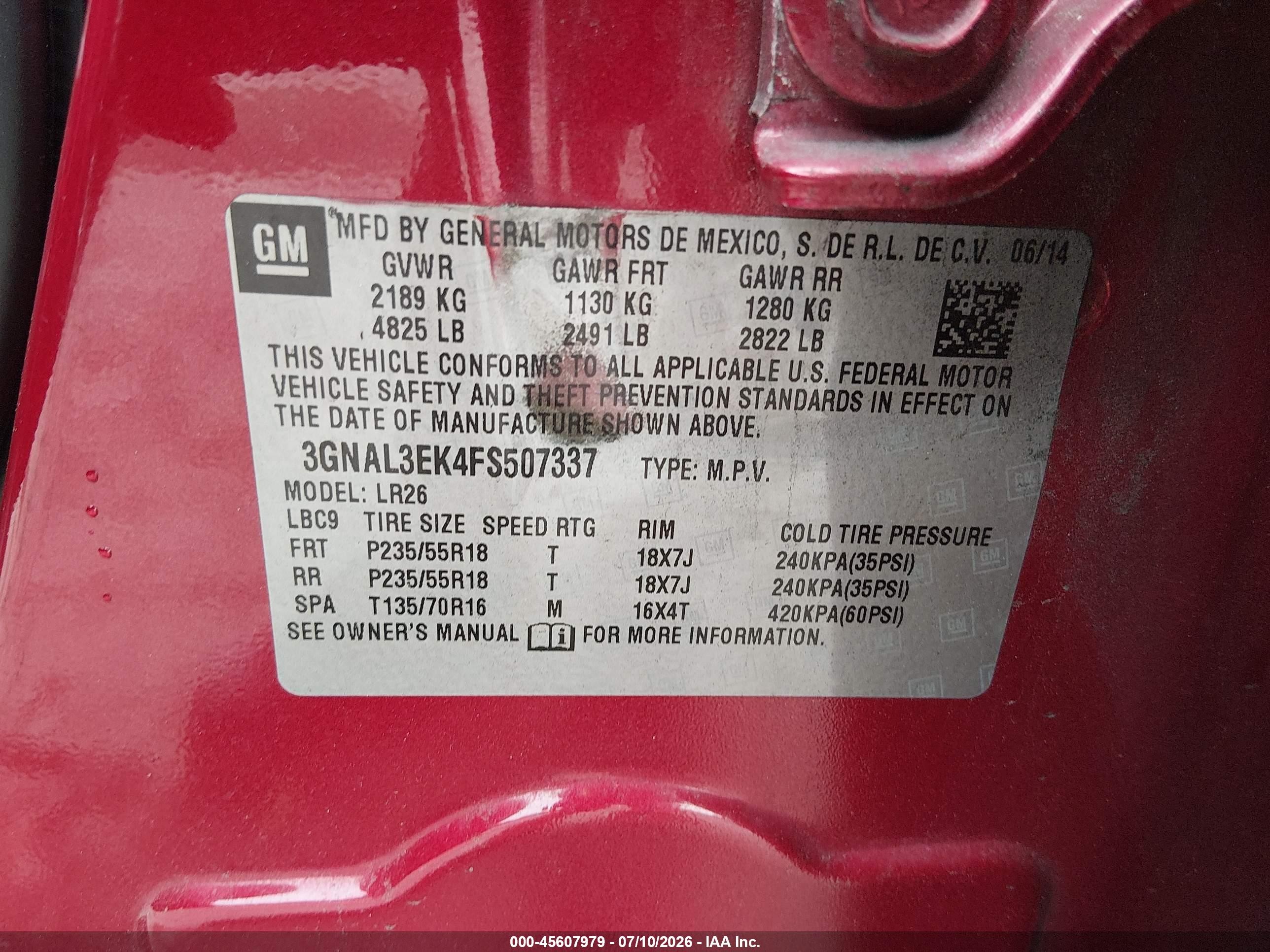 2015 Chevrolet Captiva Sport Fleet Lt Red vin: 3GNAL3EK4FS507337