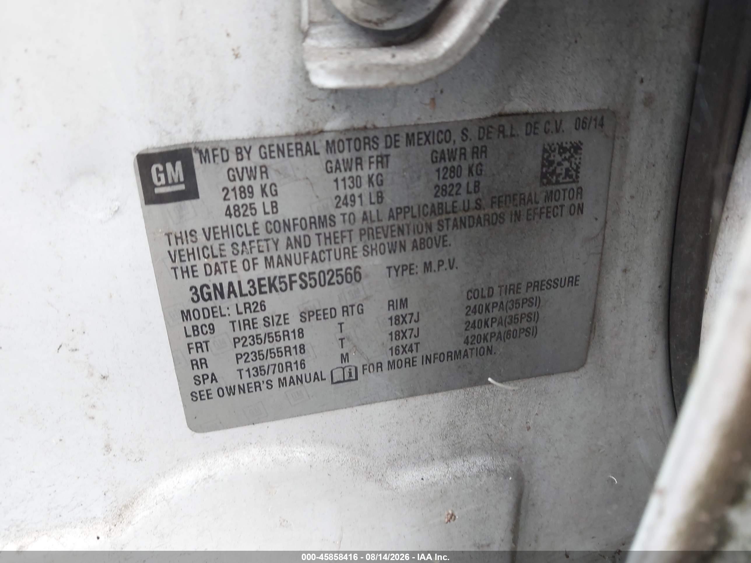 2015 Chevrolet Captiva Sport Fleet Lt Белый vin: 3GNAL3EK5FS502566