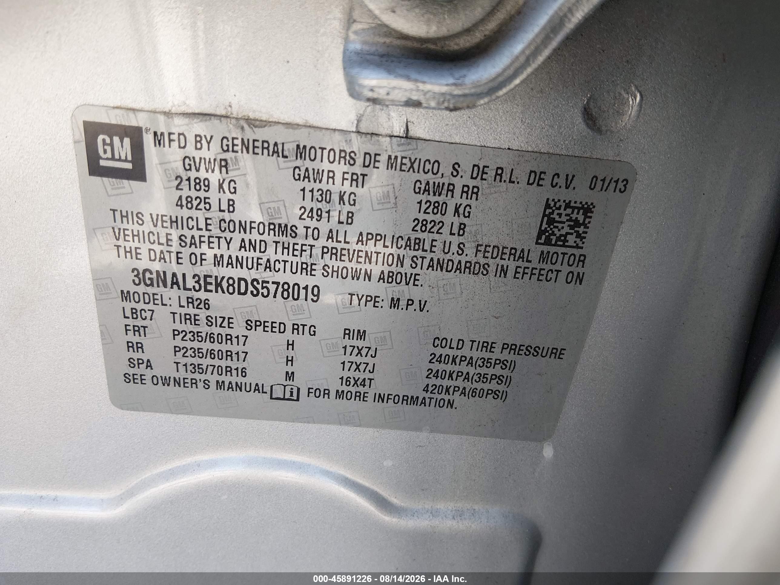 2013 Chevrolet Captiva Sport Fleet Lt Серебряный vin: 3GNAL3EK8DS578019