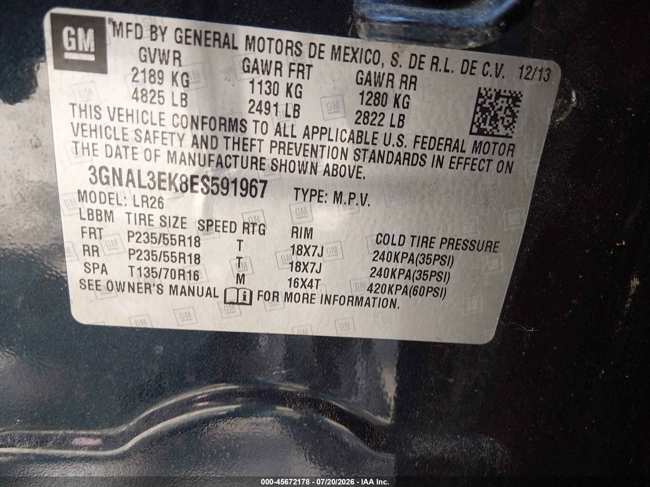 2014 Chevrolet Captiva Sport Fleet Lt Black vin: 3GNAL3EK8ES591967