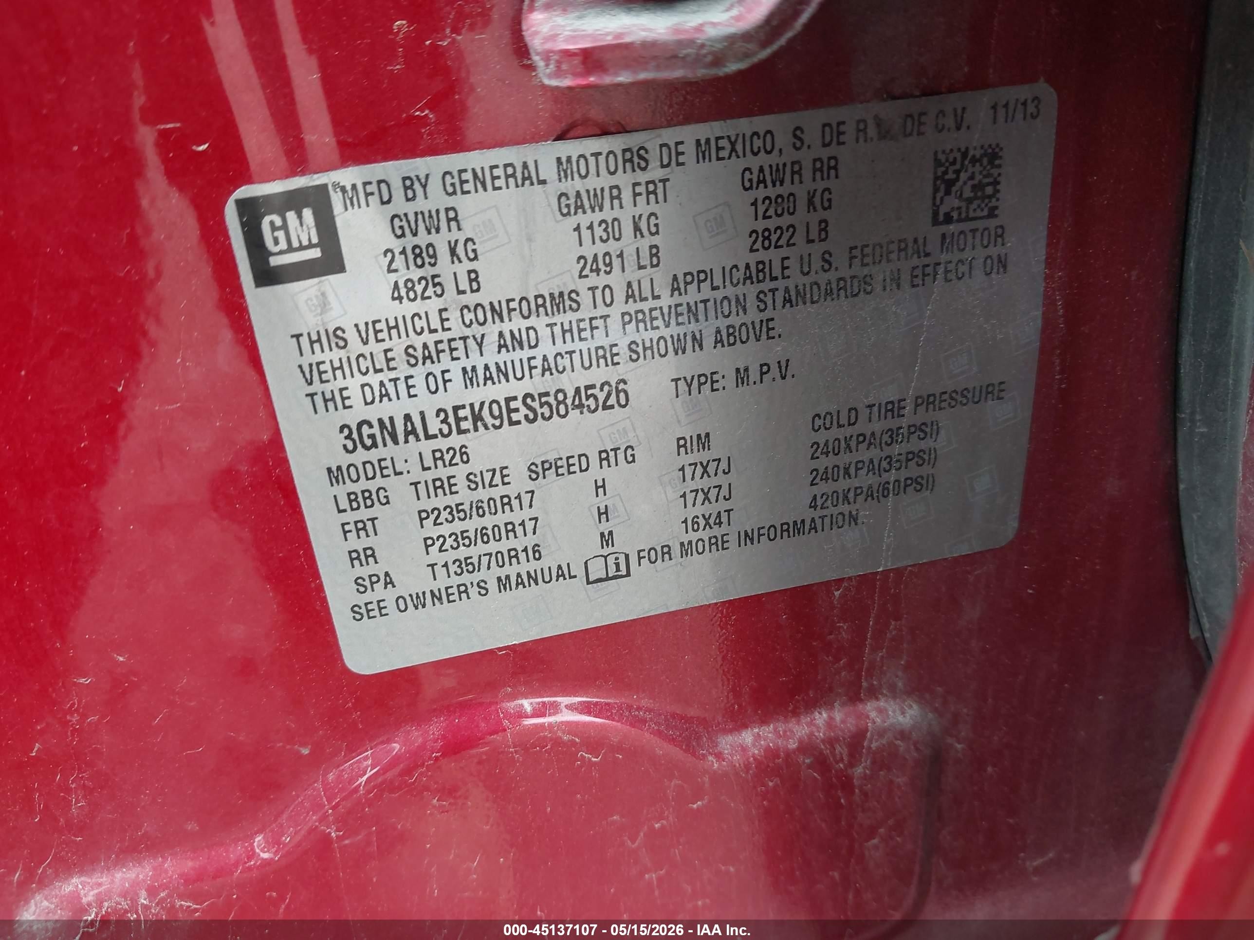 2014 Chevrolet Captiva Sport Lt Red vin: 3GNAL3EK9ES584526
