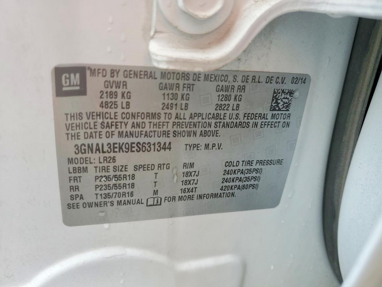 2014 Chevrolet Captiva Lt White vin: 3GNAL3EK9ES631344
