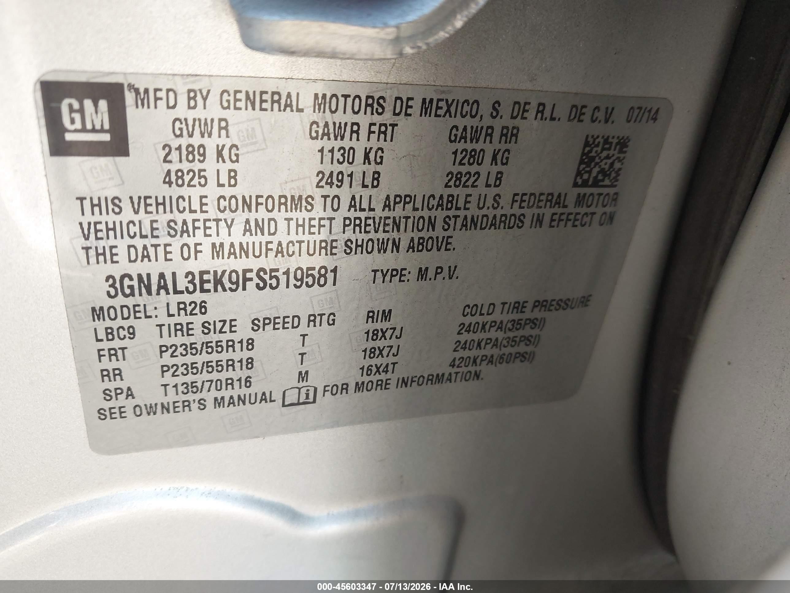 2015 Chevrolet Captiva Sport Fleet Lt Silver vin: 3GNAL3EK9FS519581