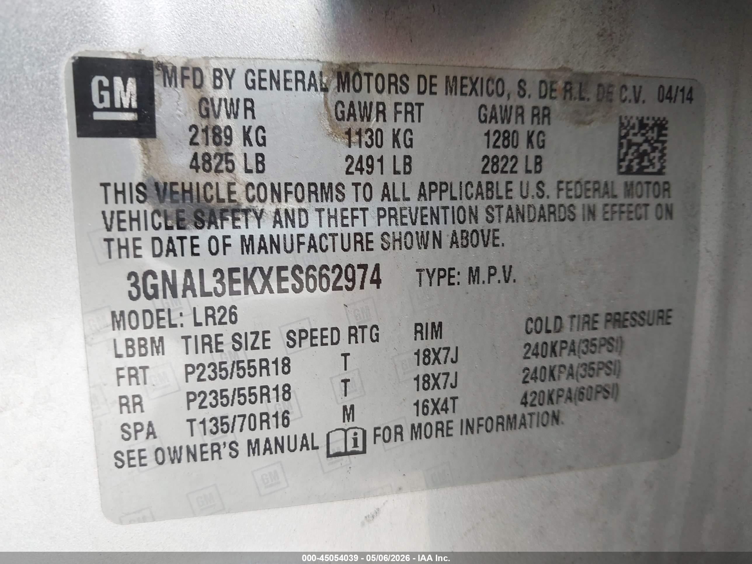 2014 Chevrolet Captiva Sport Lt Gray vin: 3GNAL3EKXES662974