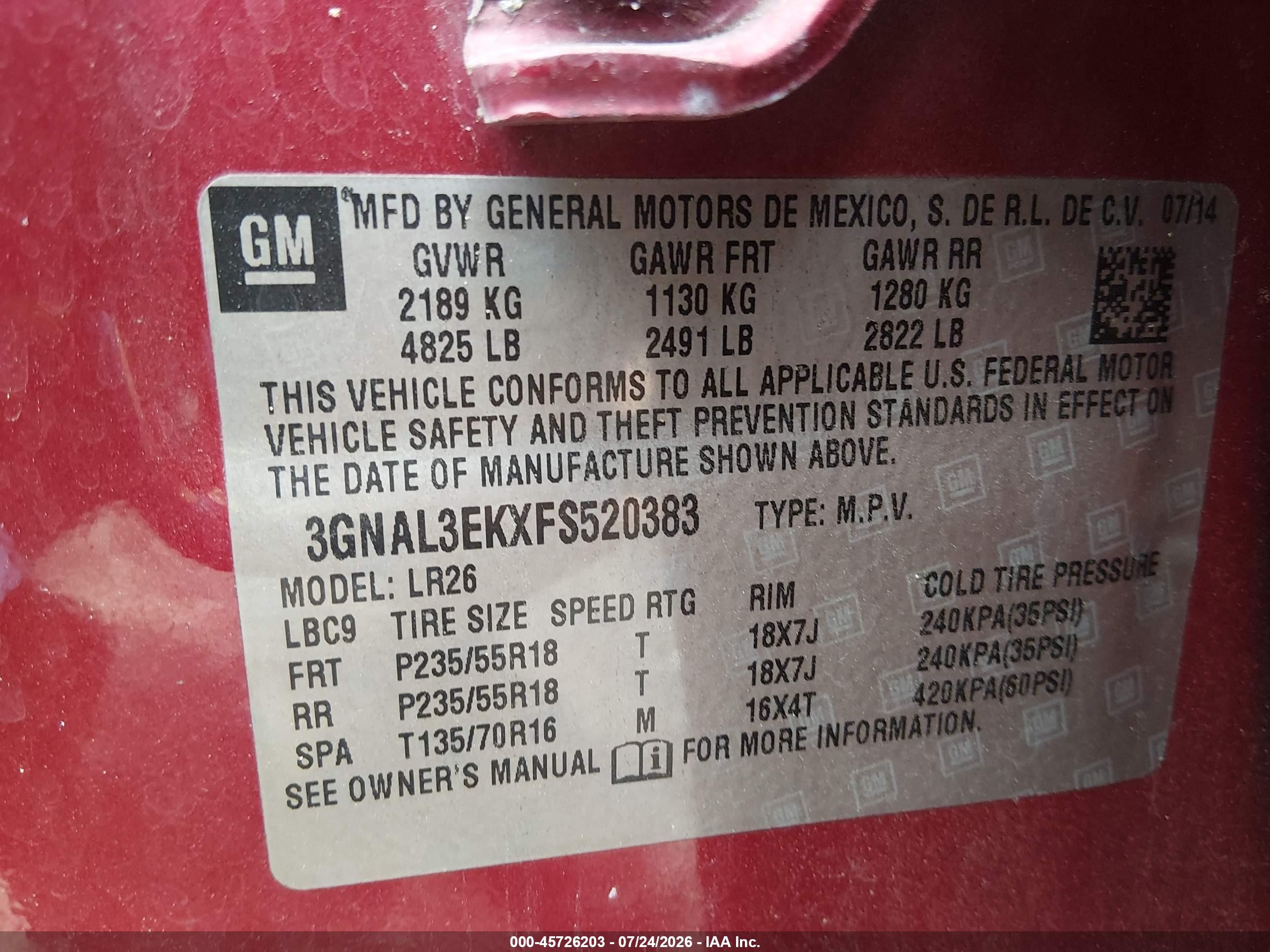 2015 Chevrolet Captiva Sport Fleet Lt Red vin: 3GNAL3EKXFS520383