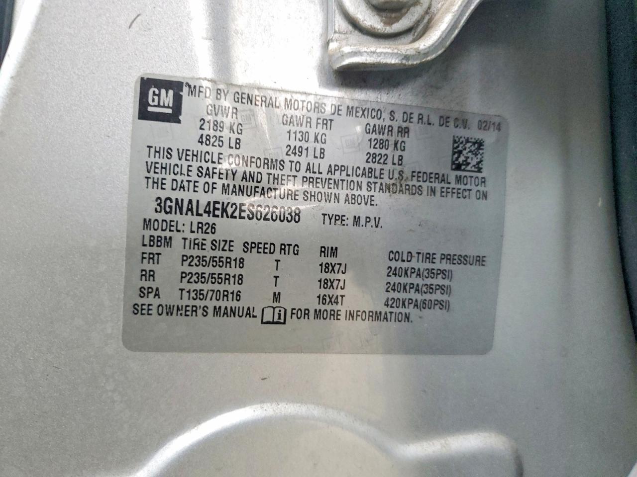 2014 Chevrolet Captiva Ltz Silver vin: 3GNAL4EK2ES626038