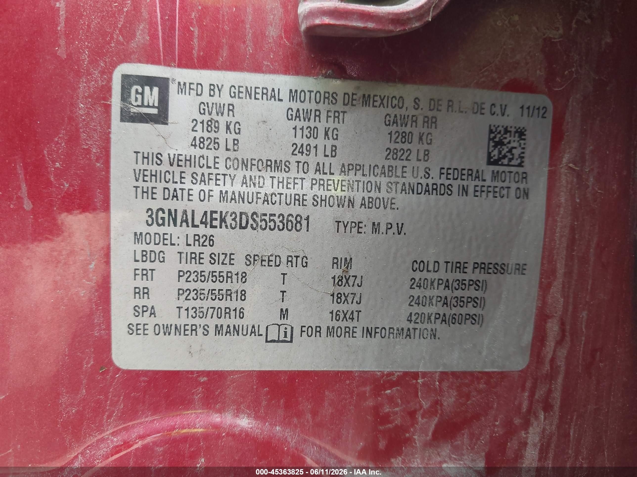 2013 Chevrolet Captiva Sport Ltz Red vin: 3GNAL4EK3DS553681