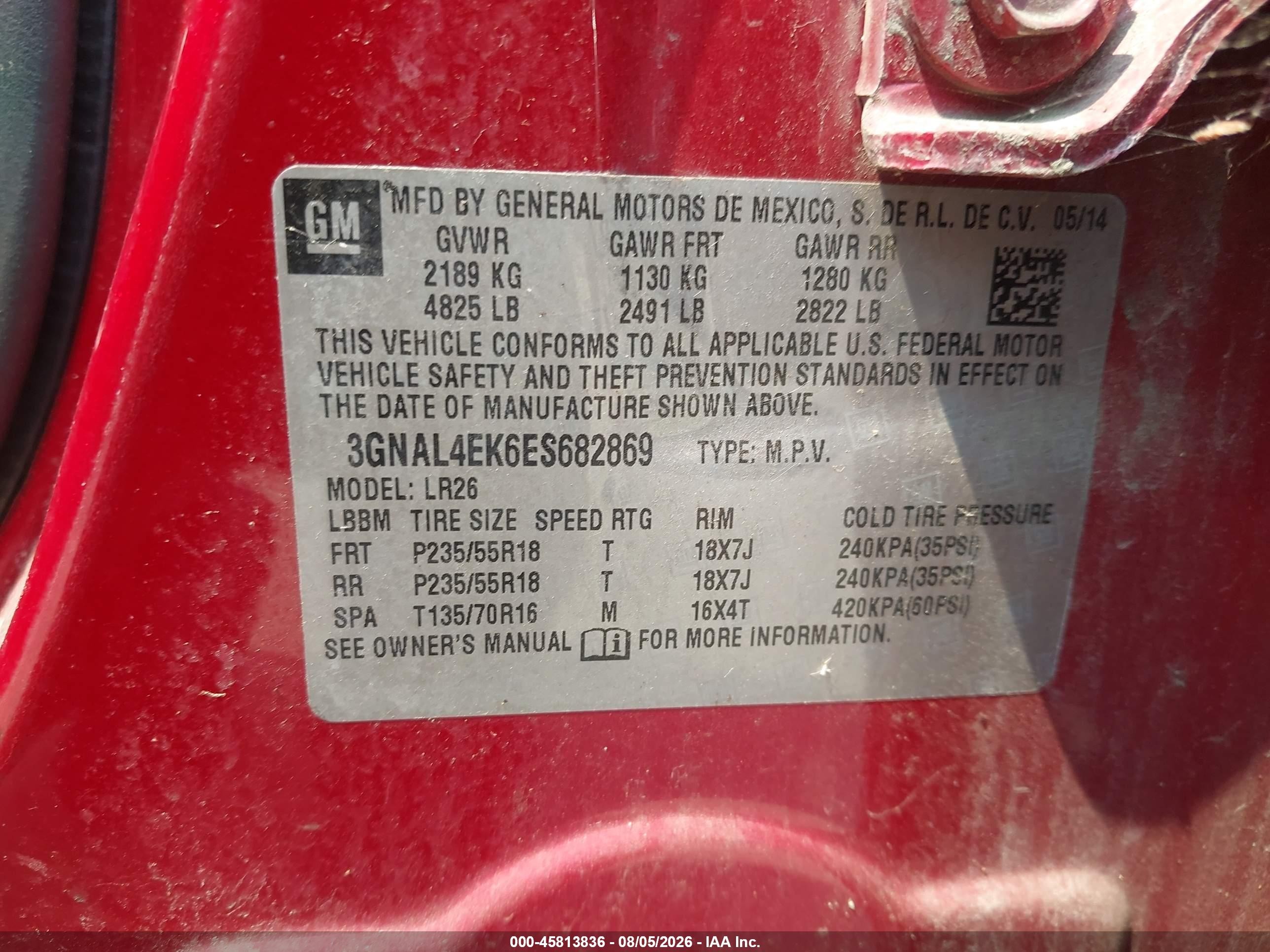 2014 Chevrolet Captiva Sport Fleet Ltz Red vin: 3GNAL4EK6ES682869