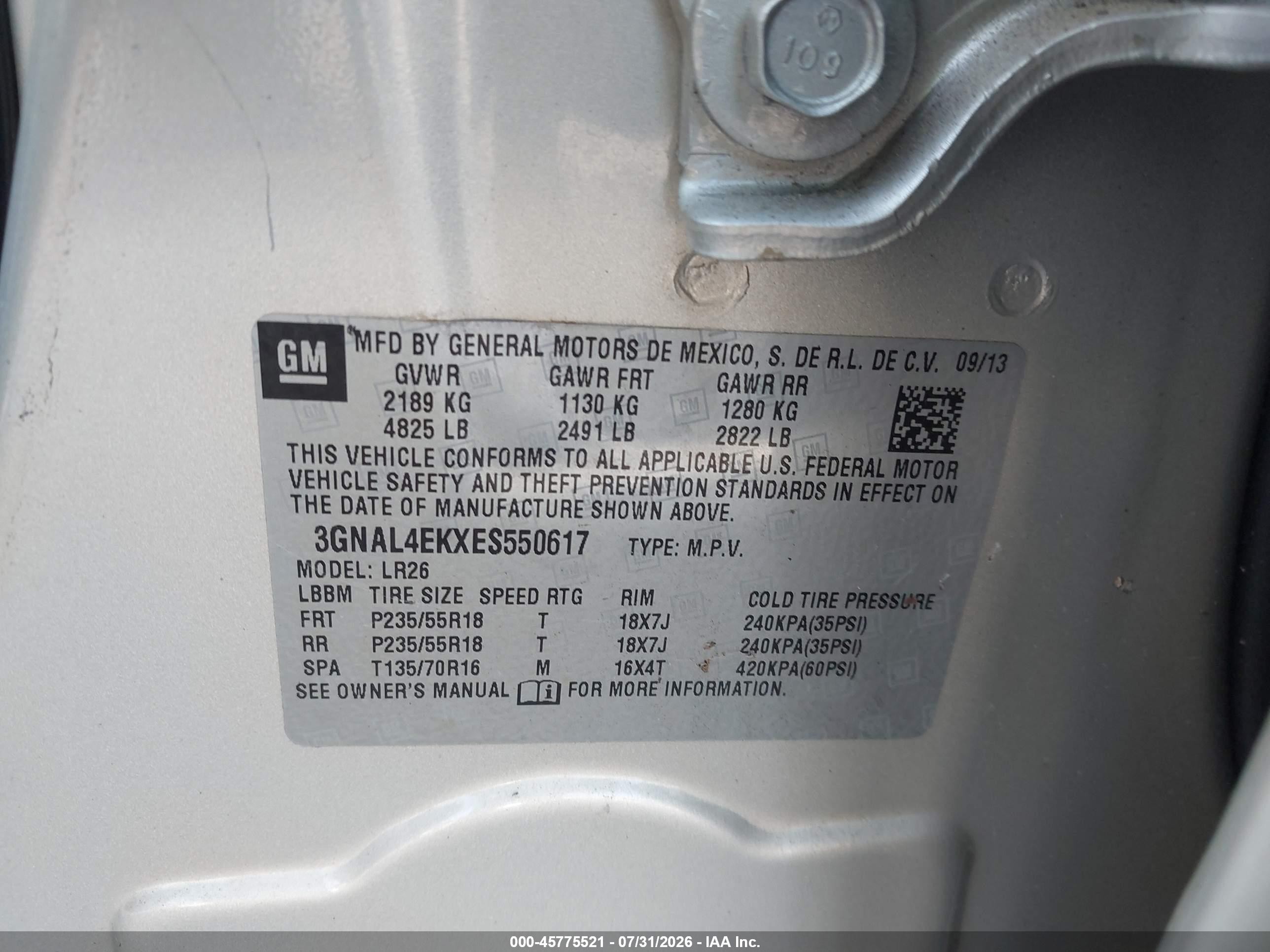 2014 Chevrolet Captiva Sport Ltz Tan vin: 3GNAL4EKXES550617