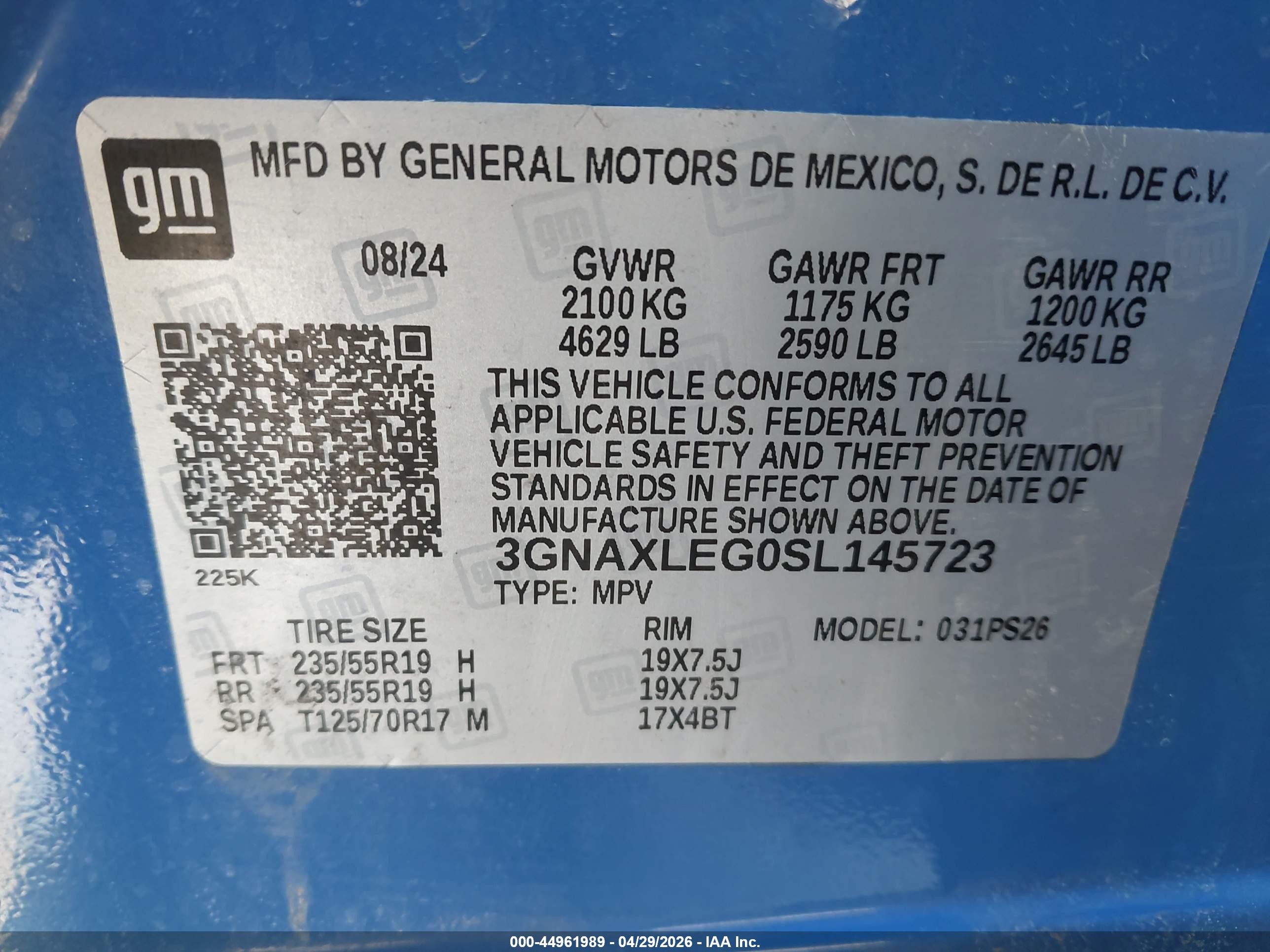 2025 Chevrolet Equinox Fwd Rs Blue vin: 3GNAXLEG0SL145723