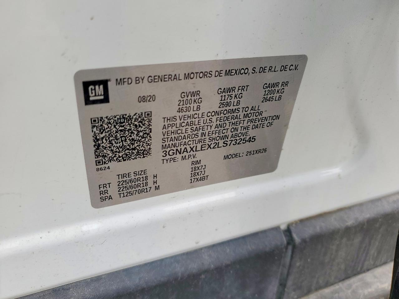 2020 Chevrolet Equinox Lt White vin: 3GNAXLEX2LS732545