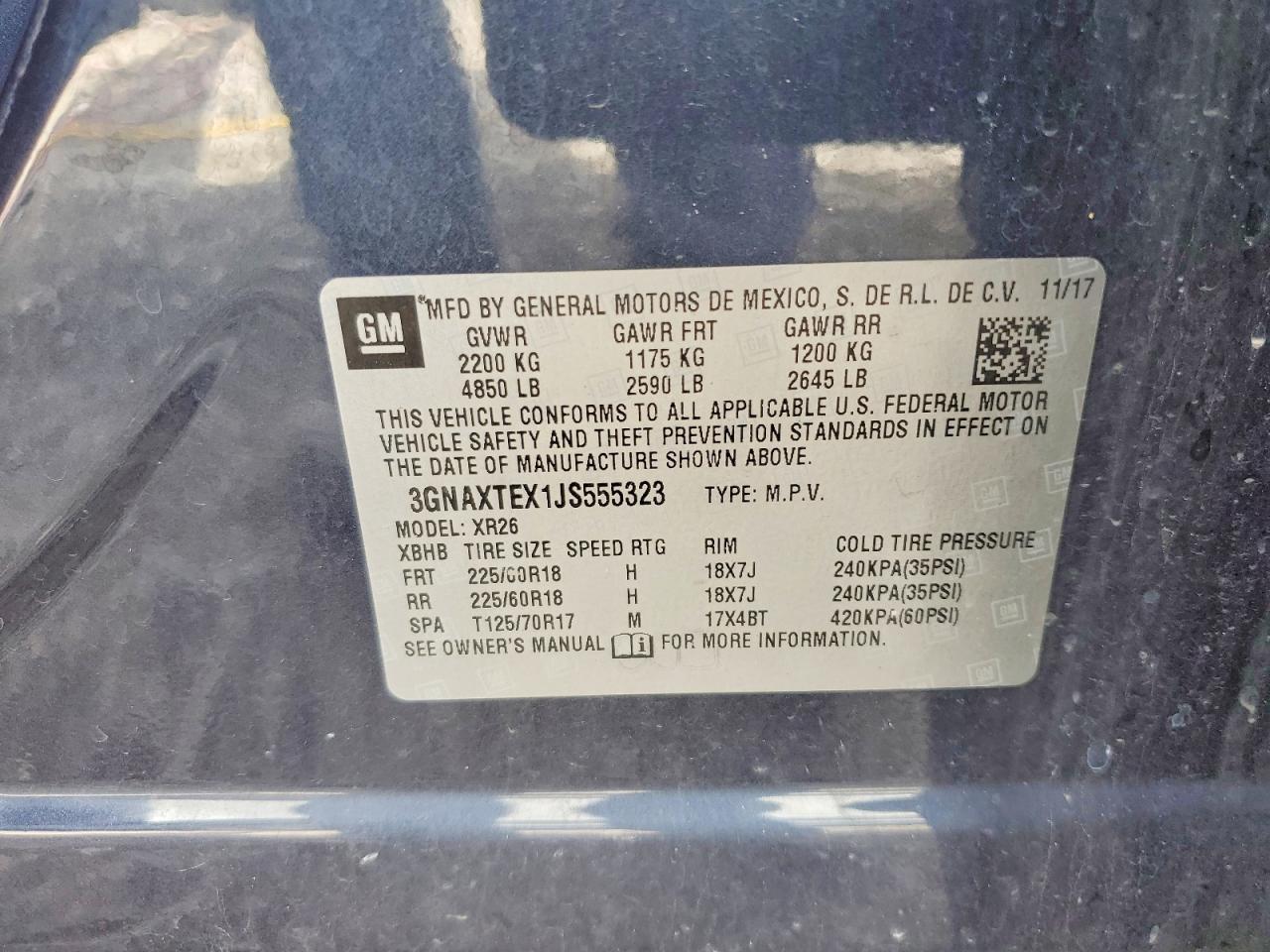 2018 Chevrolet Equinox Lt Blue vin: 3GNAXTEX1JS555323