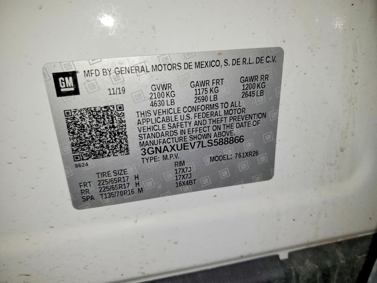 2020 Chevrolet Equinox Lt White vin: 3GNAXUEV7LS588866