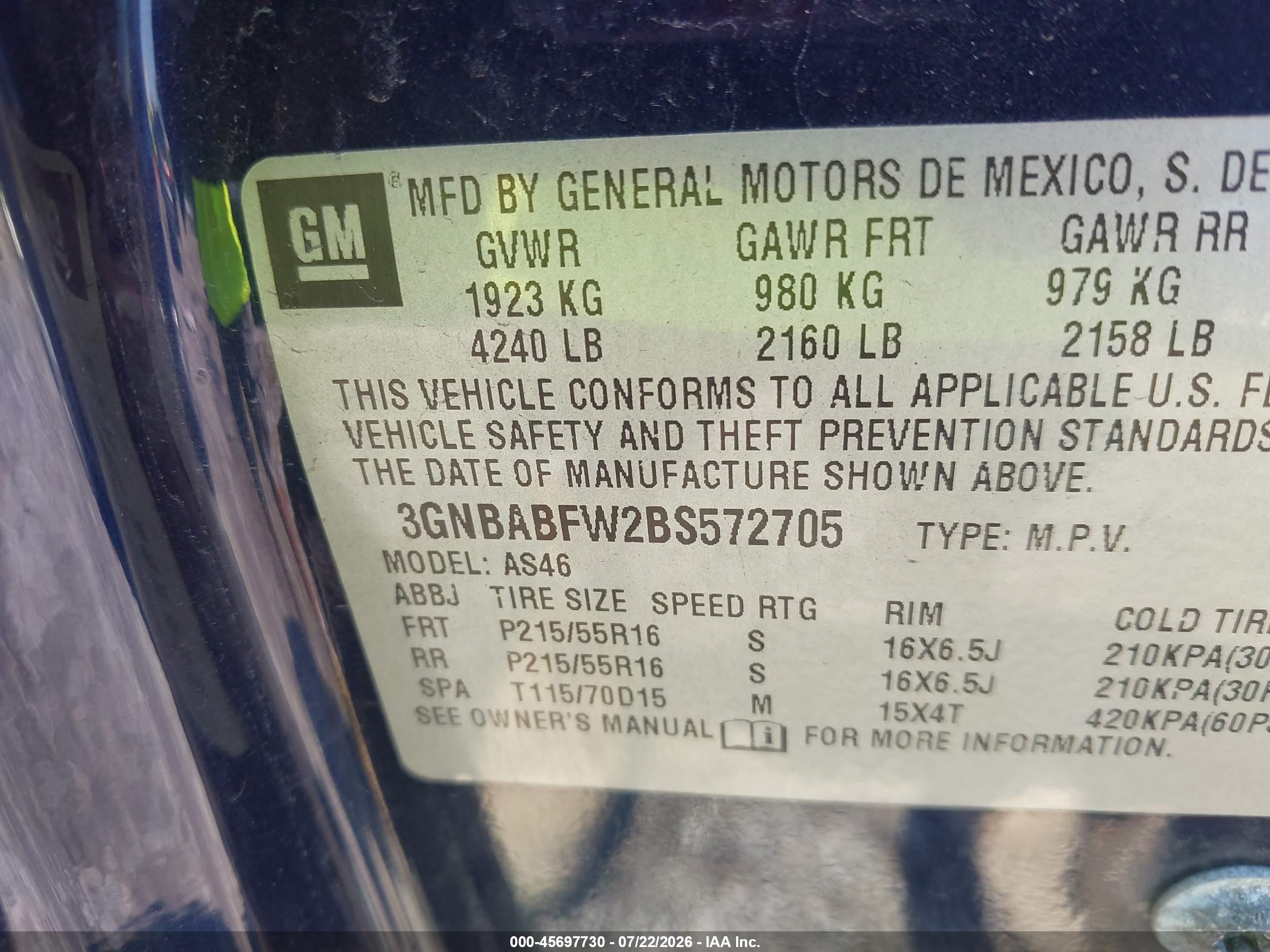 2011 Chevrolet Hhr Lt W/1lt Blue vin: 3GNBABFW2BS572705