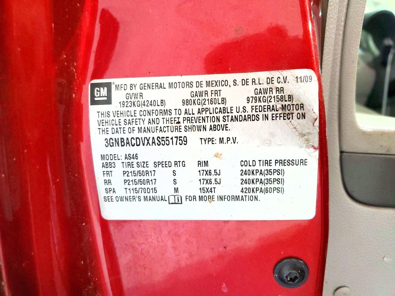 2010 Chevrolet Hhr Lt Red vin: 3GNBACDVXAS551759