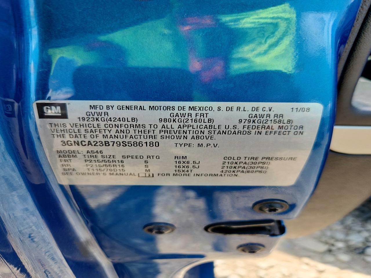 2009 Chevrolet Hhr Lt Blue vin: 3GNCA23B79S586180